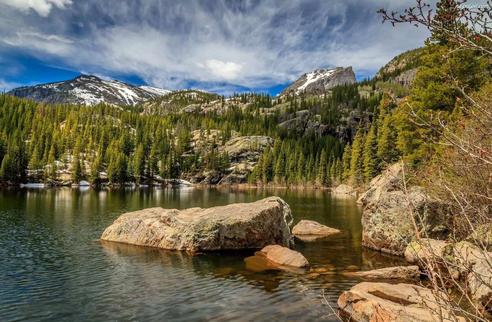 Park Narodowy Gór Skalistych, Góry, Kamienie, Stan Kolorado, Drzewa, Jezioro Bear Lake, Stany Zjednoczone, Świerki