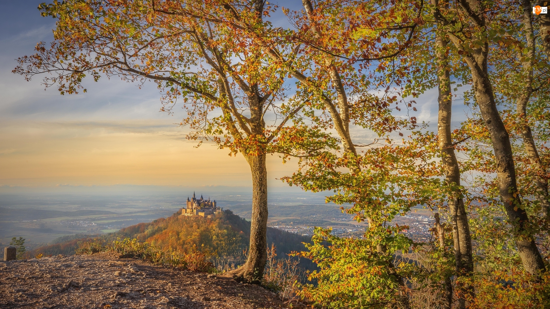 Zamek Hohenzollern, Góra Hohenzollern, Jesień, Niemcy, Drzewa, Badenia-Wirtembergia