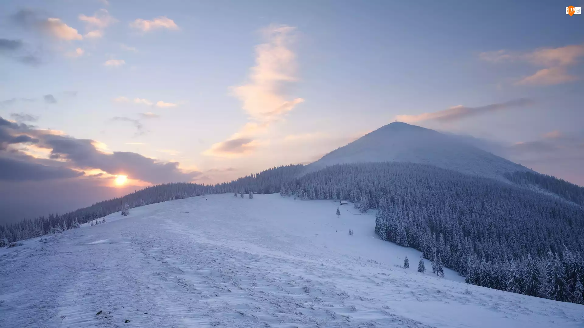 Zima, Góry Karpaty, Wschód słońca, Ukraina, Las, Chmury