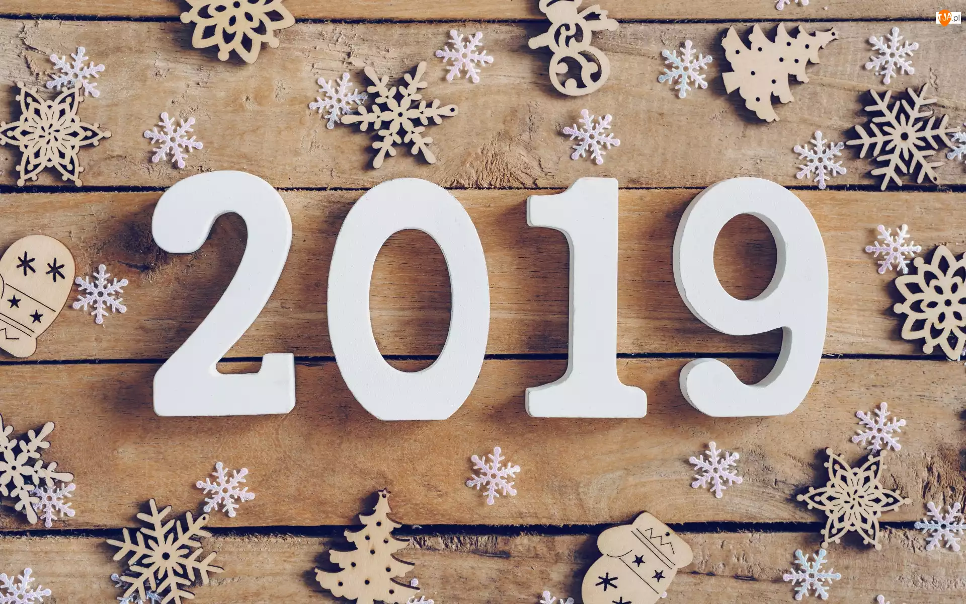 2019, Nowy Rok, Śnieżynki, Deski, Ozdoby, Choinki