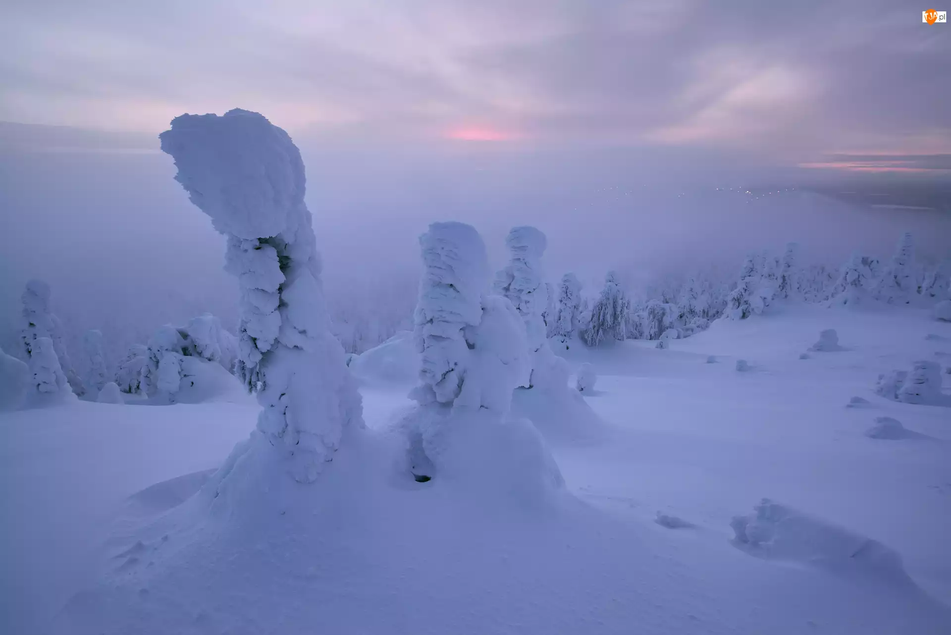 Góry, Zima, Drzewa, Finlandia, Zaśnieżone, Mgła