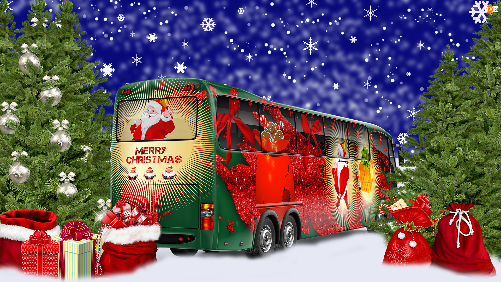 Autobus, Świąteczny, Choinka, Grafika, Drzewa, Prezenty