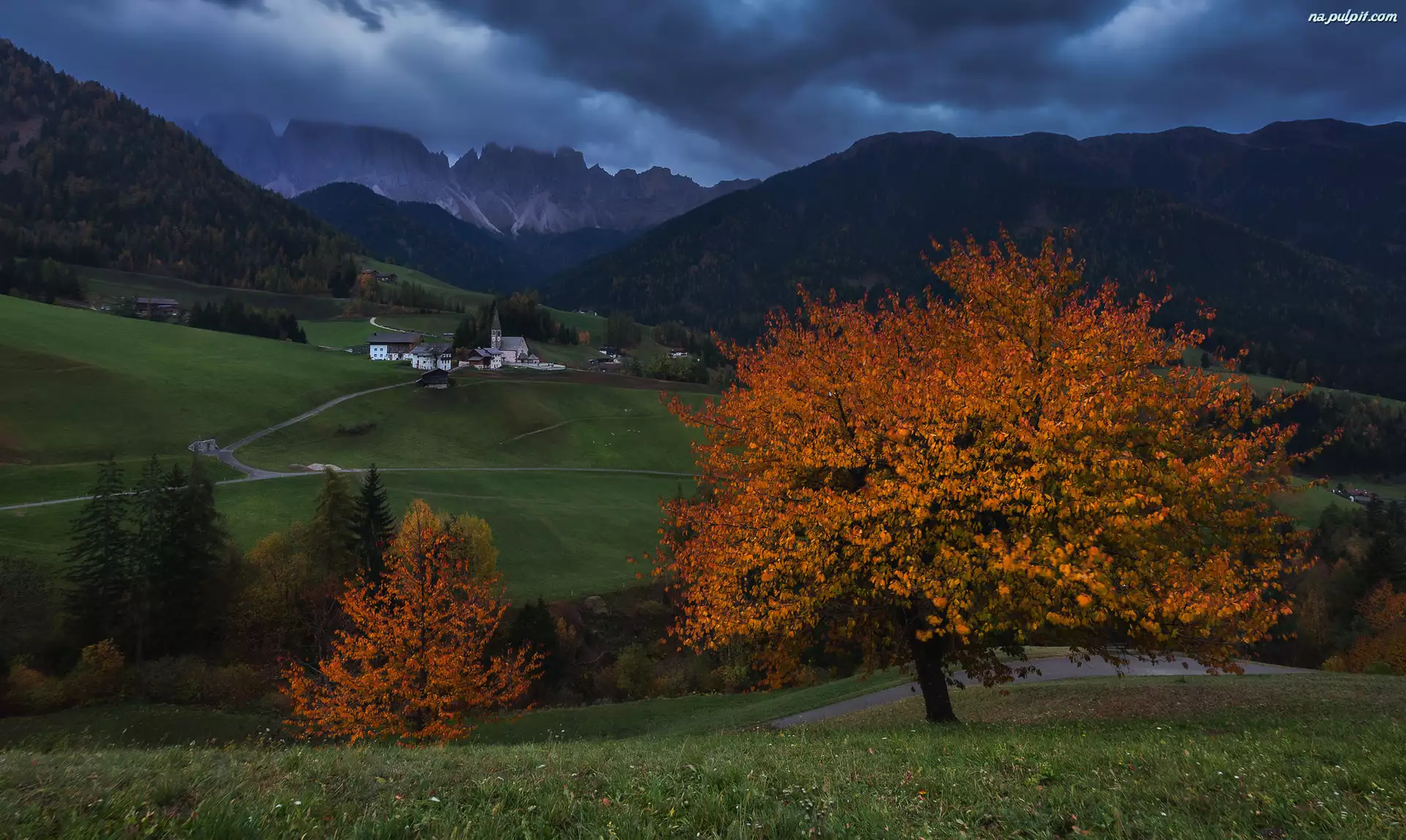 Włochy, Dolomity, Droga, Kościół, Drzewa, Dolina Val di Funes, Domy, Góry, Wieś Santa Magdalena