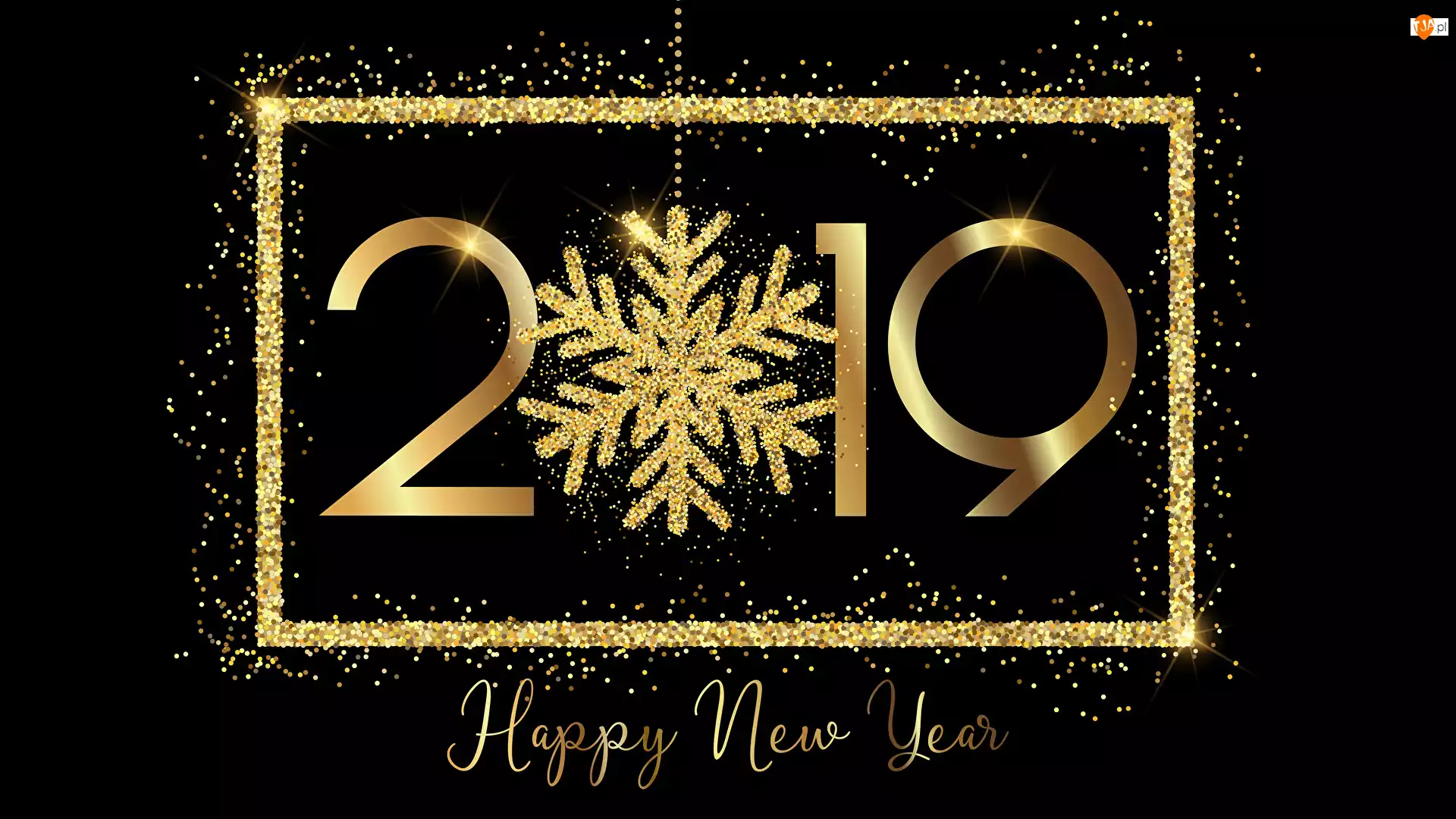 Tło, Nowy Rok, Happy New Year, Czarne, Napis, Śnieżynki, 2019