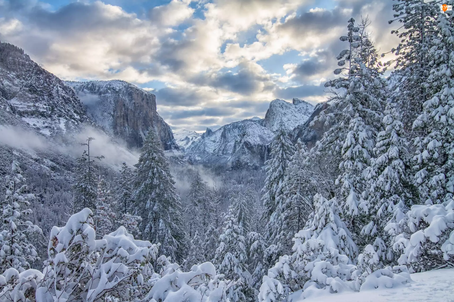 Zima, Góry Sierra Nevada, Stany Zjednoczone, Park Narodowy Yosemite, Stan Kalifornia, Chmury, Drzewa