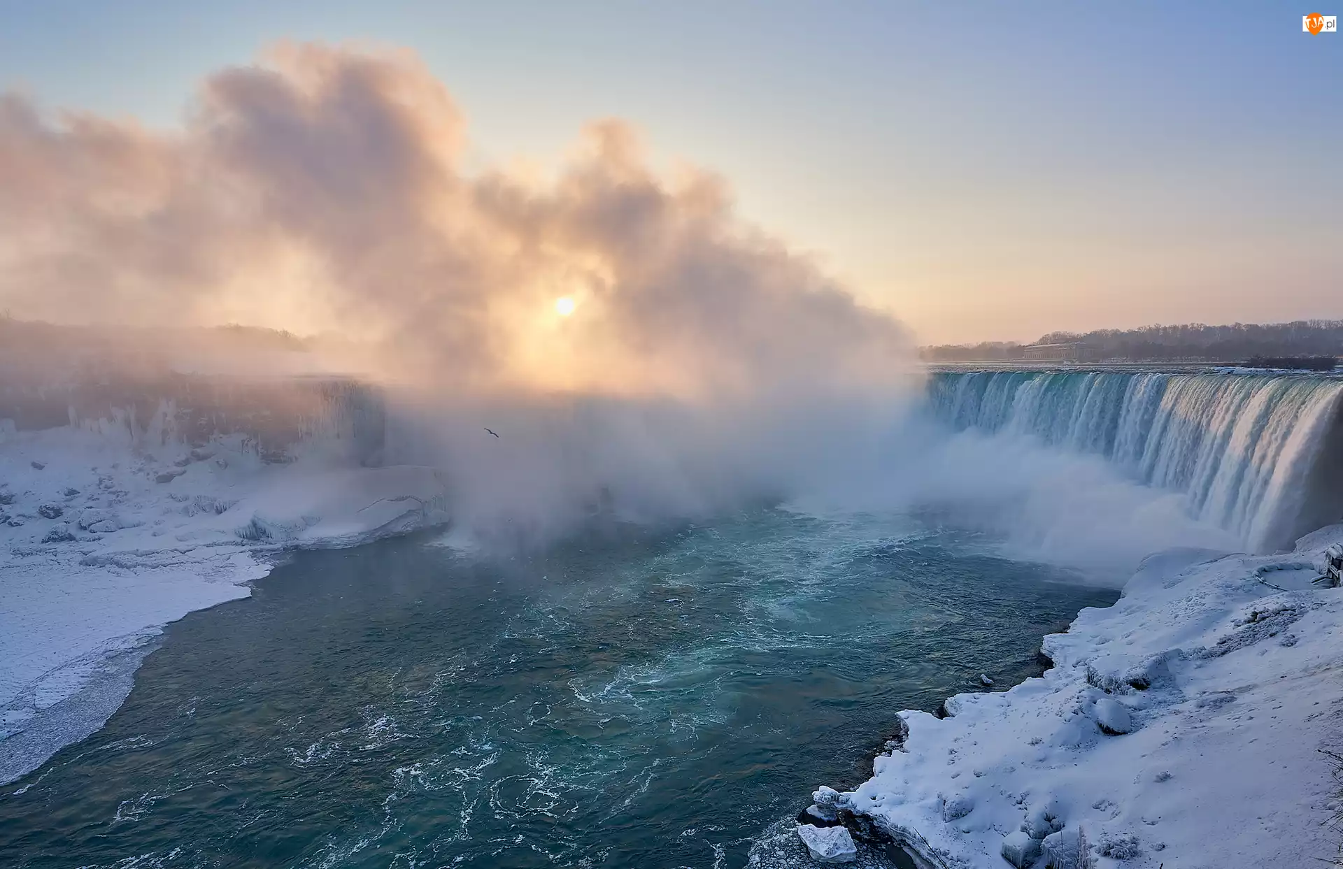 Wschód słońca, Zima, Wodospad Niagara, Kanada, Chmury, Prowincja Ontario