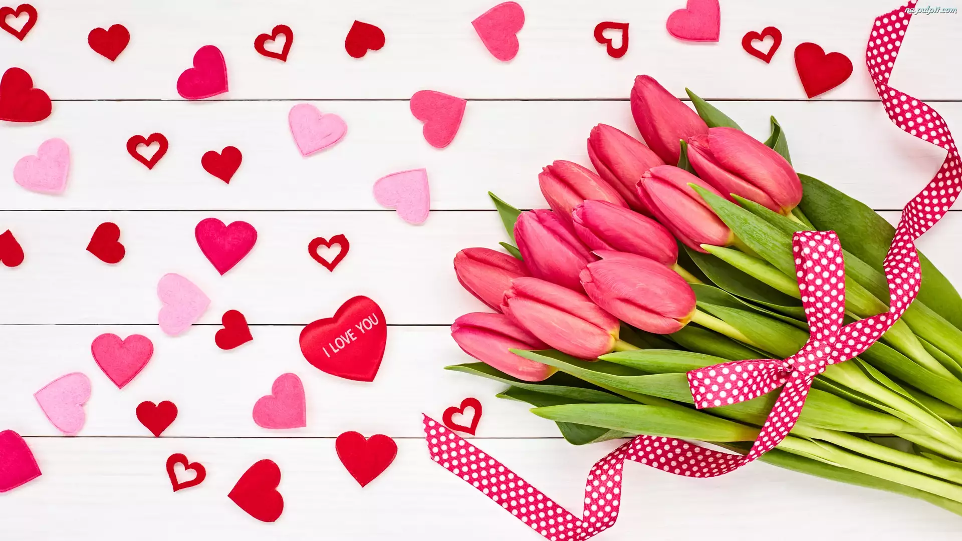 Tulipany, Serduszka, Różowe, Walentynki, Wstążka