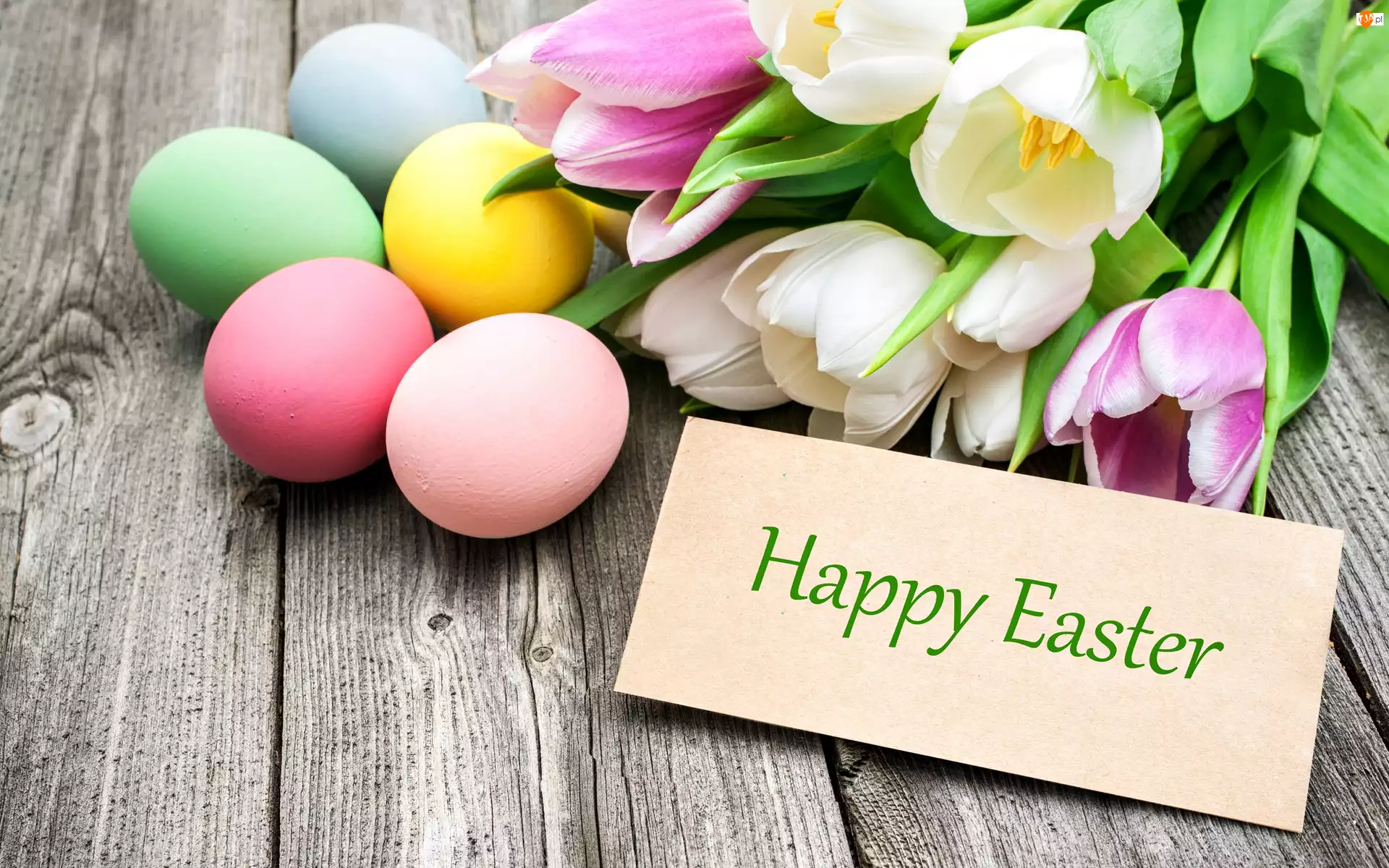 Kolorowe, Pisanki, Happy Easter, Wielkanoc, Napis, Kartka, Tulipany