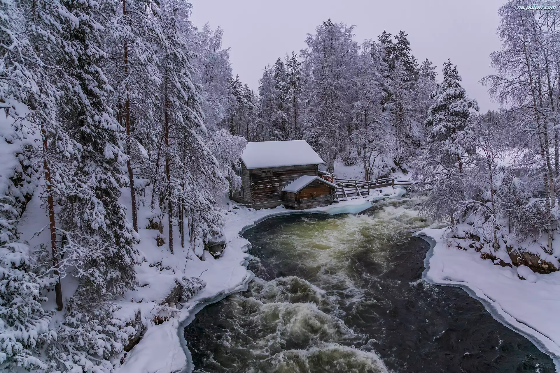 Gmina Kuusamo, Zima, Drzewa, Laponia, Młyn Myllykoski, Park Narodowy Oulanka, Finlandia, Rzeka