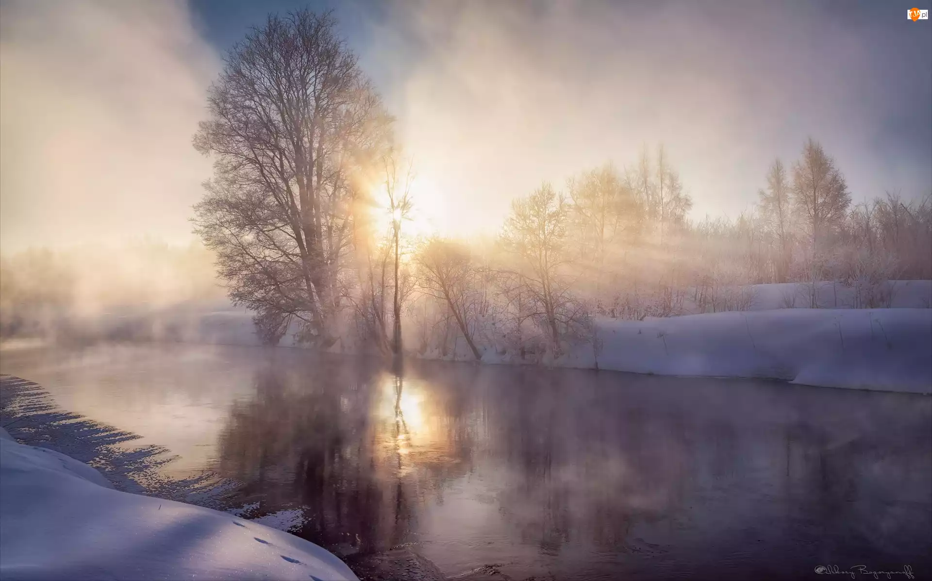 Rzeka, Promienie słońca, Mgła, Zima, Drzewa