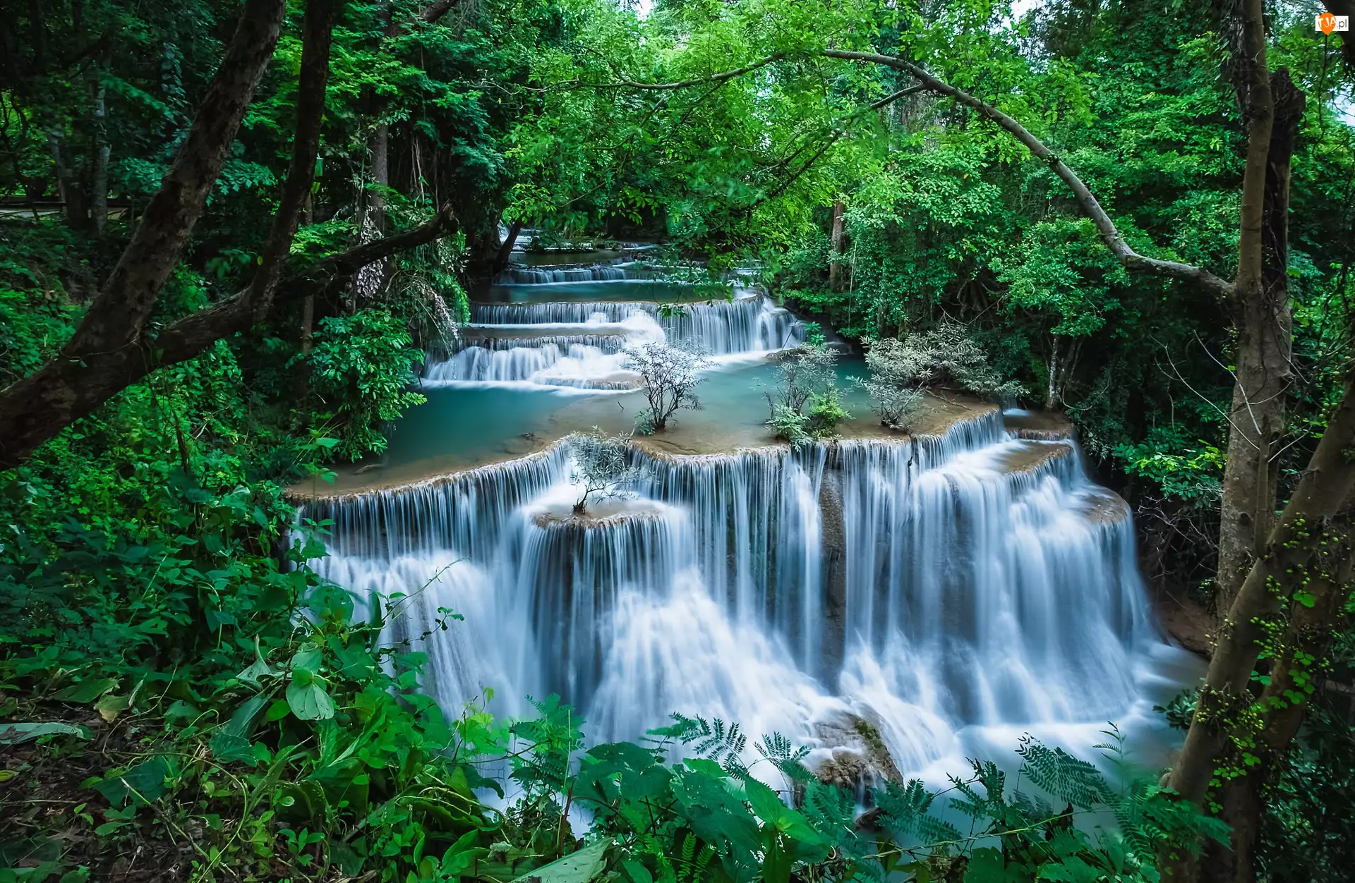Kaskada, Wodospad Erawan, Park Narodowy Erawan, Tajlandia, Drzewa, Prowincja Kanchanaburi