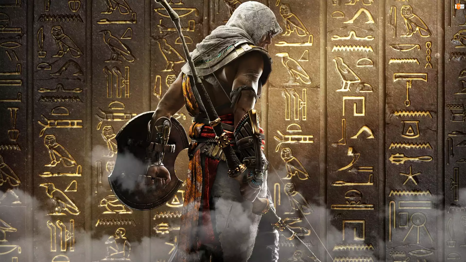 Assassins Creed Origins, Bayek, Hieroglify, Gra, Ściana, Łuk, Tarcza