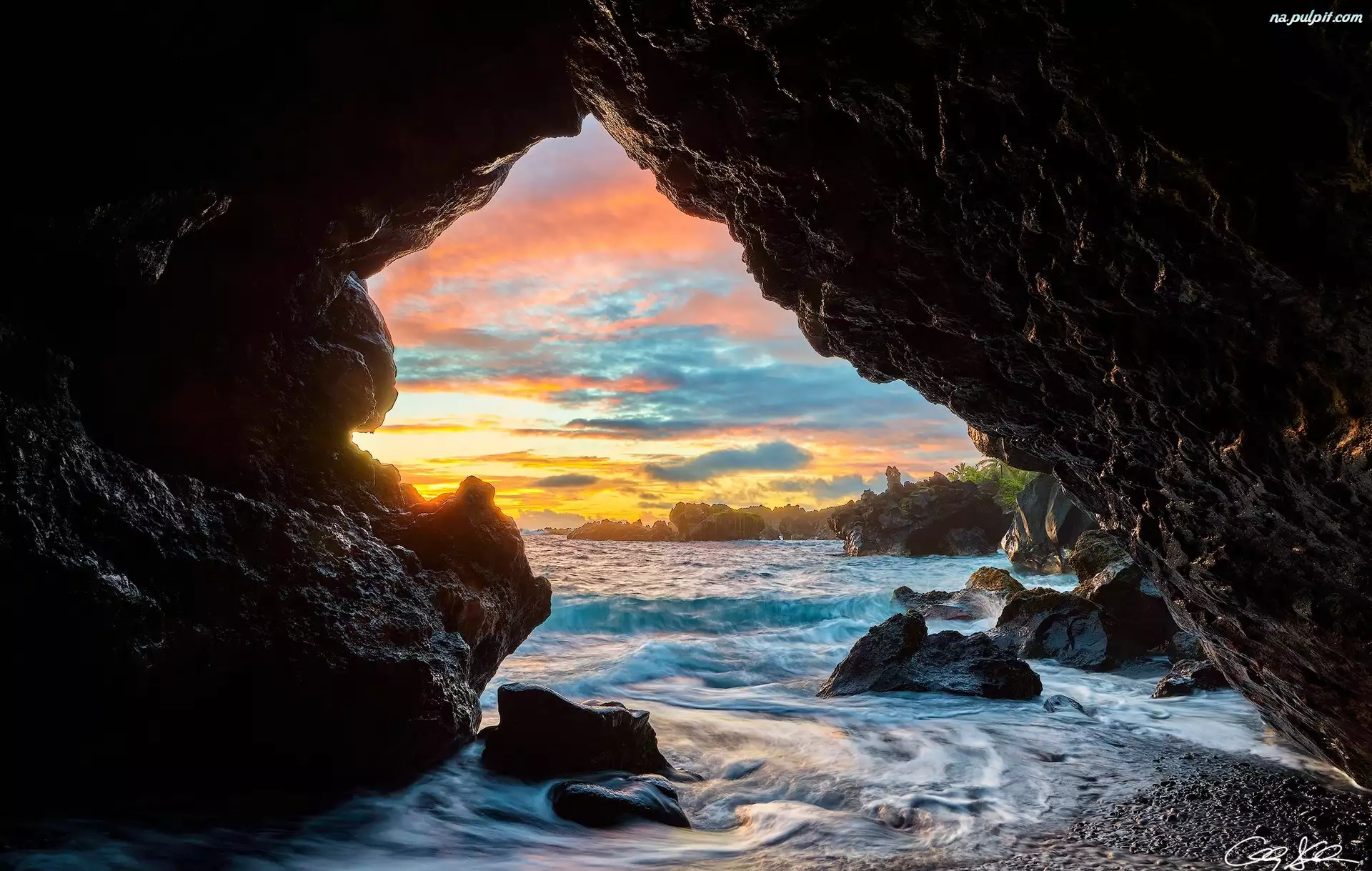 Jaskinia, Wschód słońca, Morze, Hawaje, Skały