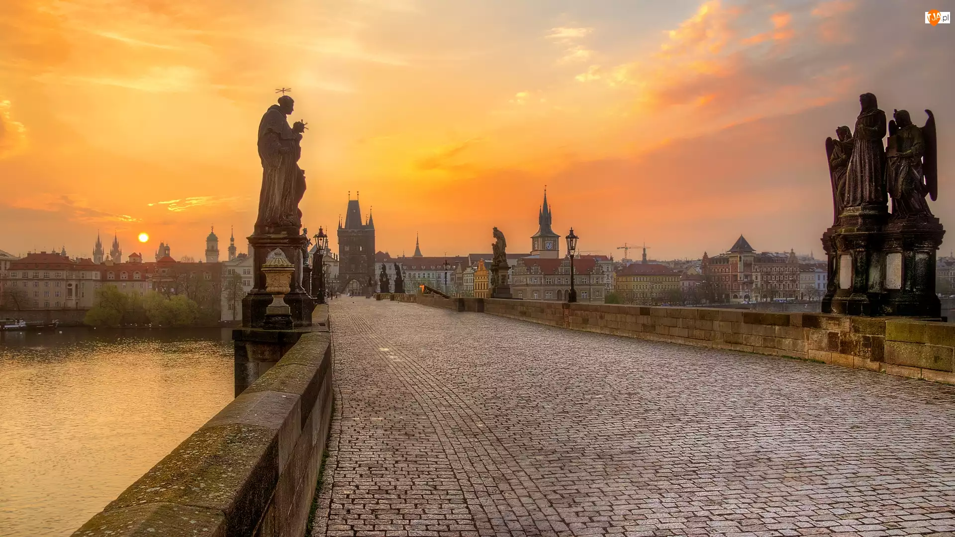 Posągi, Most Karola, Wschód słońca, Czechy, Figury, Praga