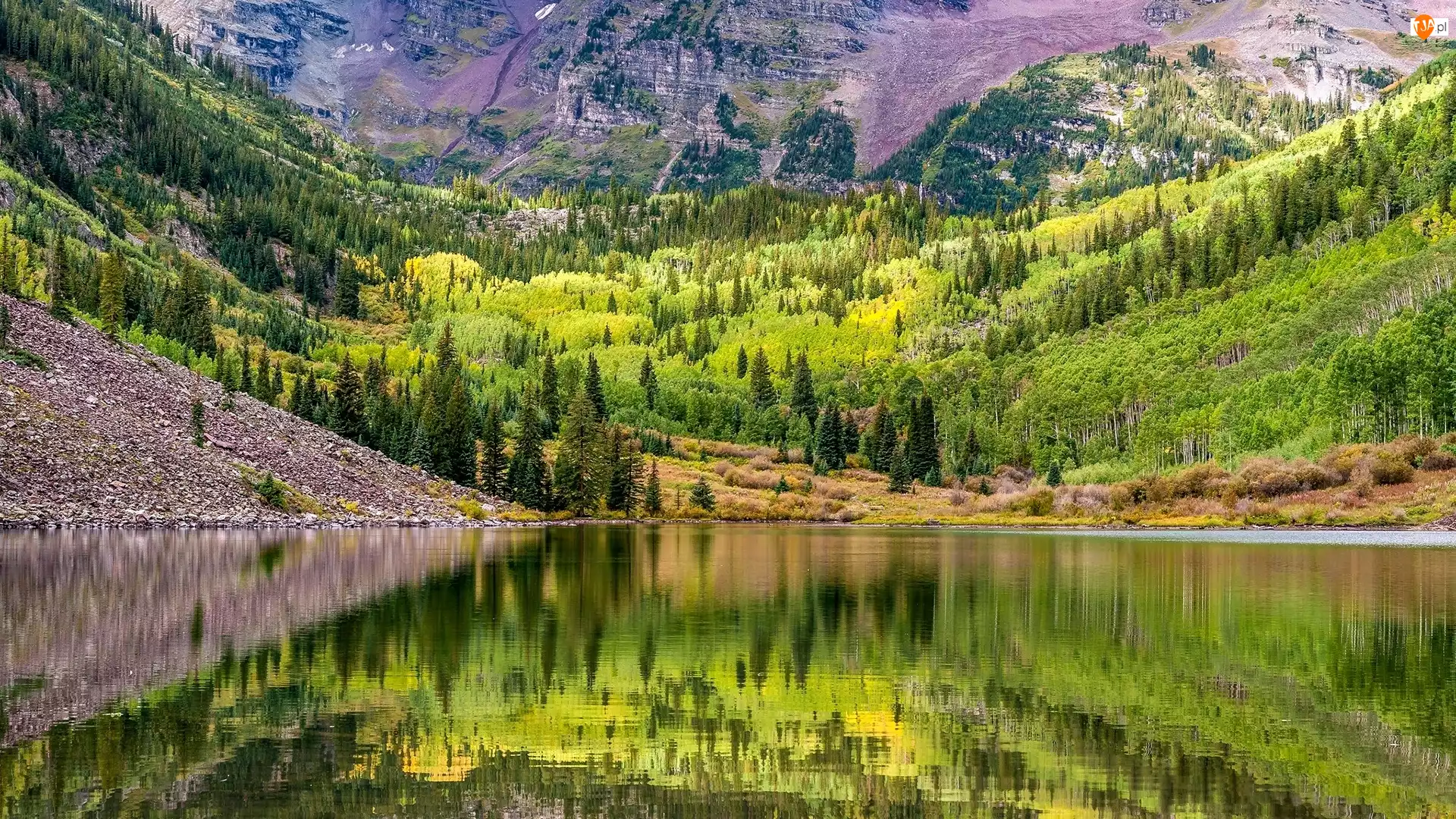 Zbocza, Góry, Stany Zjednoczone, Jezioro Maroon Lake, Kolorado, Aspen, Drzewa