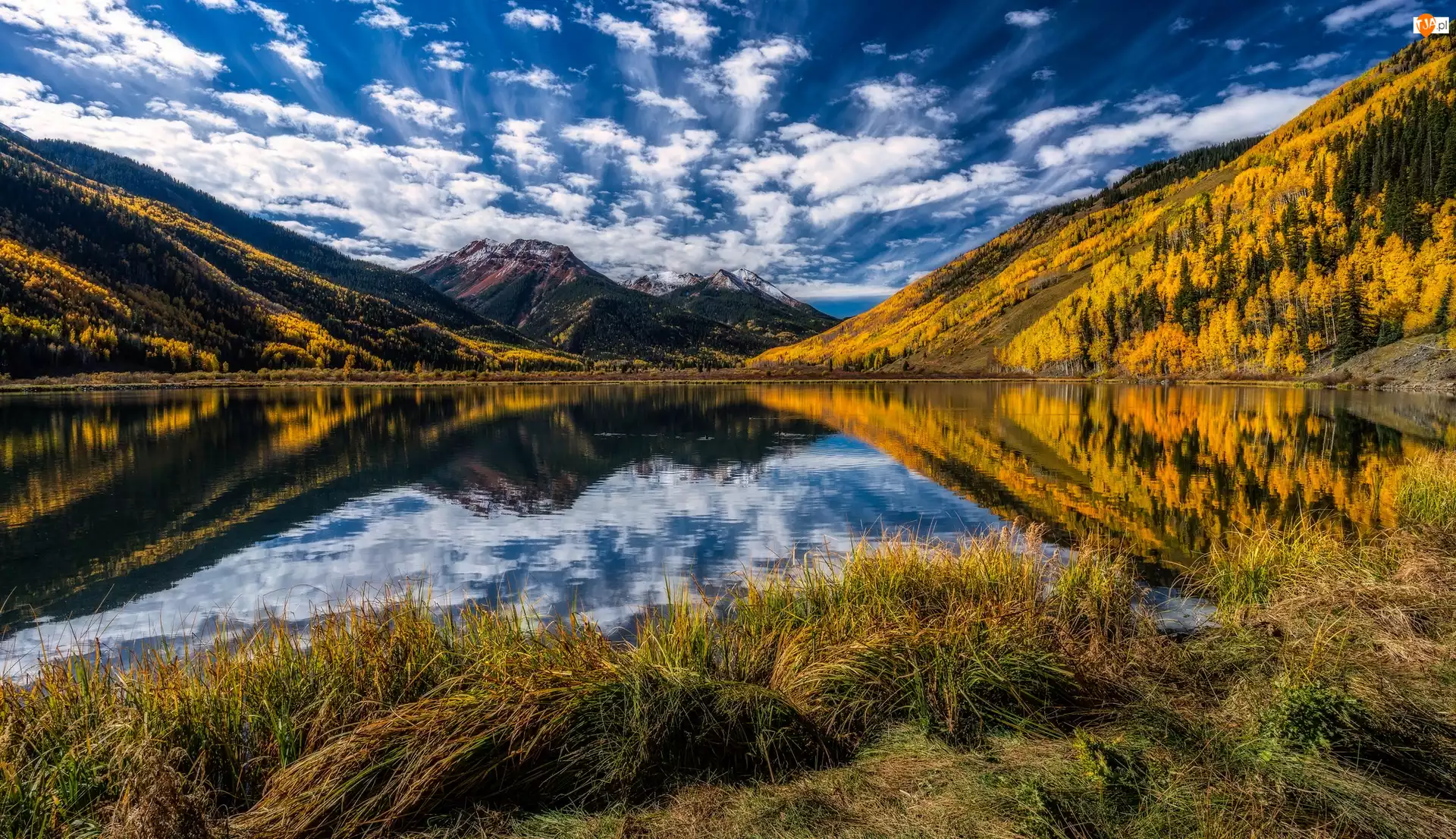 Aspen, Jezioro Maroon Lake, Szczyty Maroon Bells, Kolorado, Zbocza, Drzewa, Stany Zjednoczone, Góry