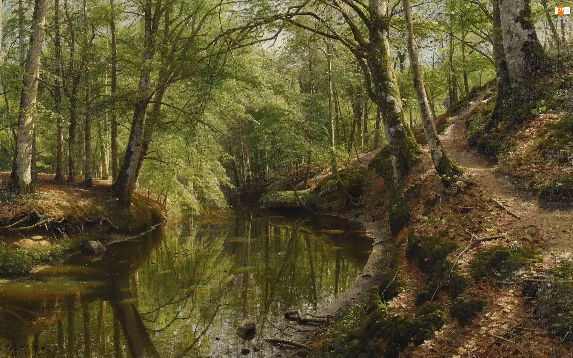 Las, Obraz, Pejzaż, Drzewa, Malarstwo, Rzeka, Ścieżka, Peder Mork Monsted