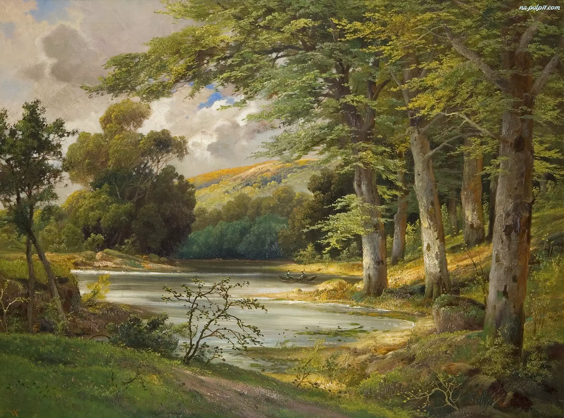 Alois Arnegger, Malarstwo, Drzewa, Obraz, Ludzie, Łódka, Jezioro