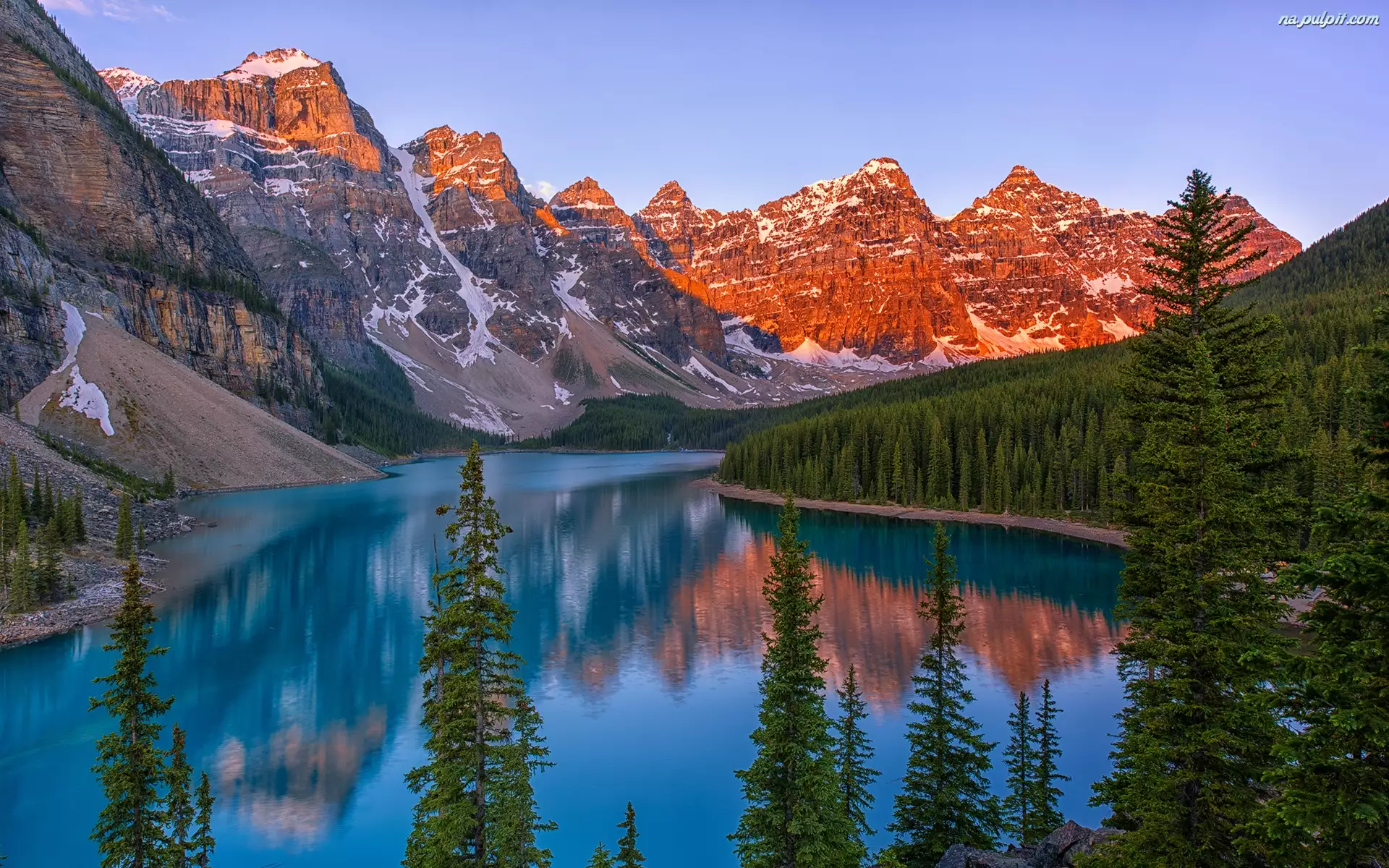 Prowincja Alberta, Kanada, Góry, Drzewa, Park Narodowy Banff, Jezioro Moraine