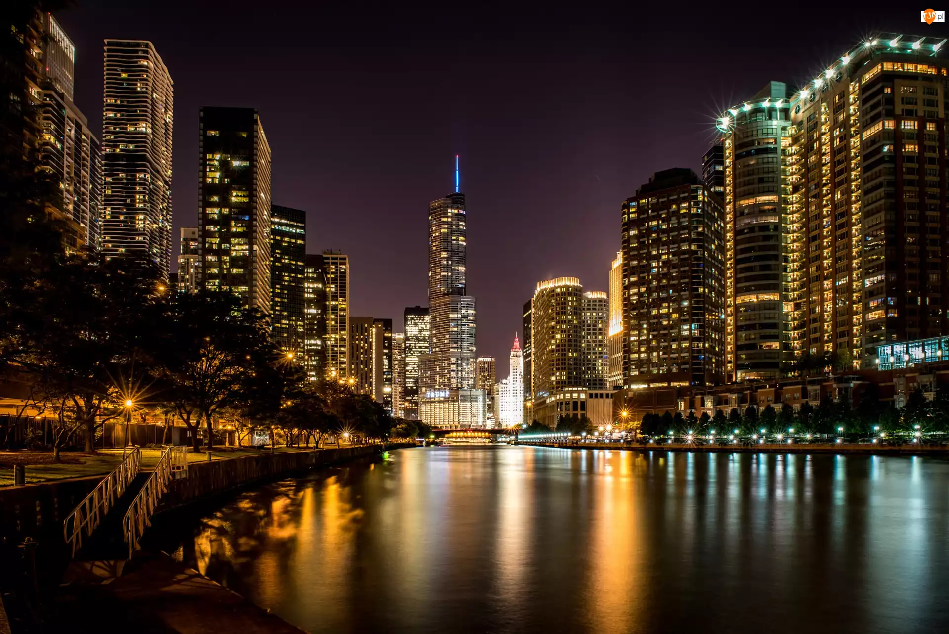 Stan Illinois, Chicago, Willis Tower, Stany Zjednoczone, Wieżowce, Rzeka Chicago, Miasto nocą