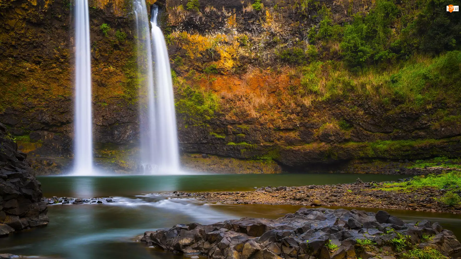 Skała, Wodospad Wailua Falls, Rzeka, Hawaje, Roślinność, Kauai