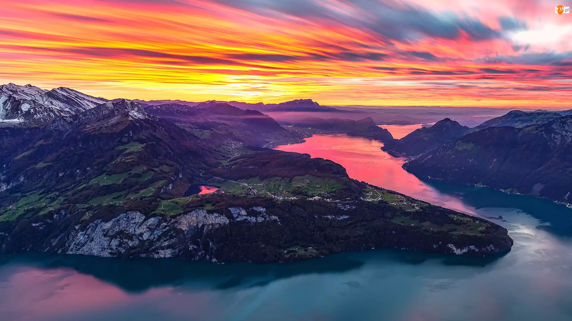 Alpy Szwajcarskie, Szwajcaria, Góry, Jezioro Czterech Kantonów, Zachód słońca
