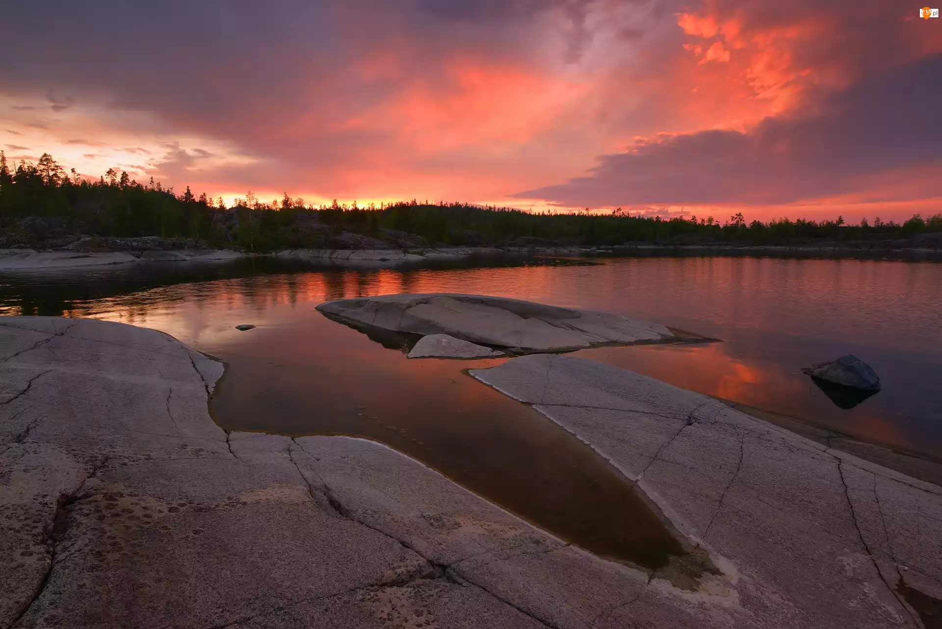 Skały, Rosja, Jezioro Ładoga, Zachód słońca, Karelia