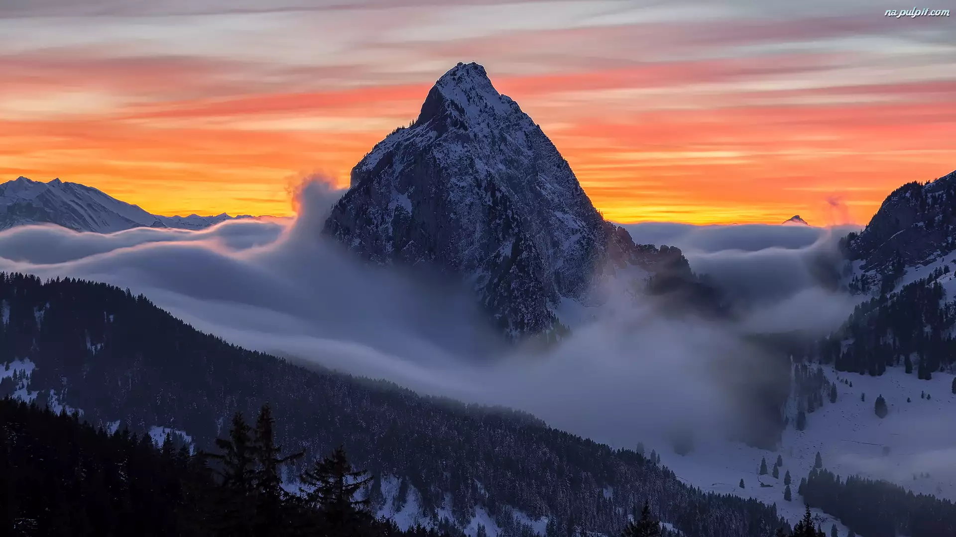 Alpy, Góry, Mgła, Szwajcaria, Góra Grosser Mythen, Zachód słońca
