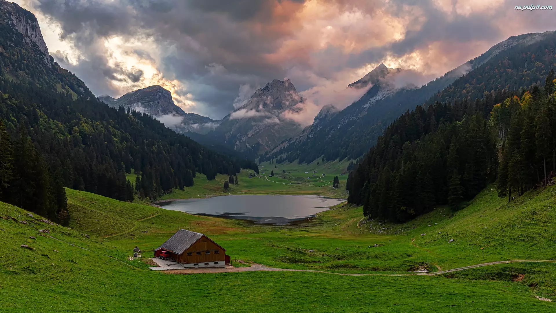 Dom, Góry Alpy, Szwajcaria, Jezioro Samtisersee, Kanton Sankt Gallen, Lasy, Masyw Alpstein