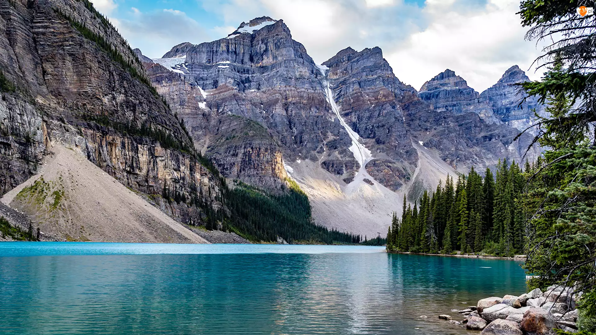 Las, Góry, Jezioro Moraine, Kanada, Świerki, Park Narodowy Banff