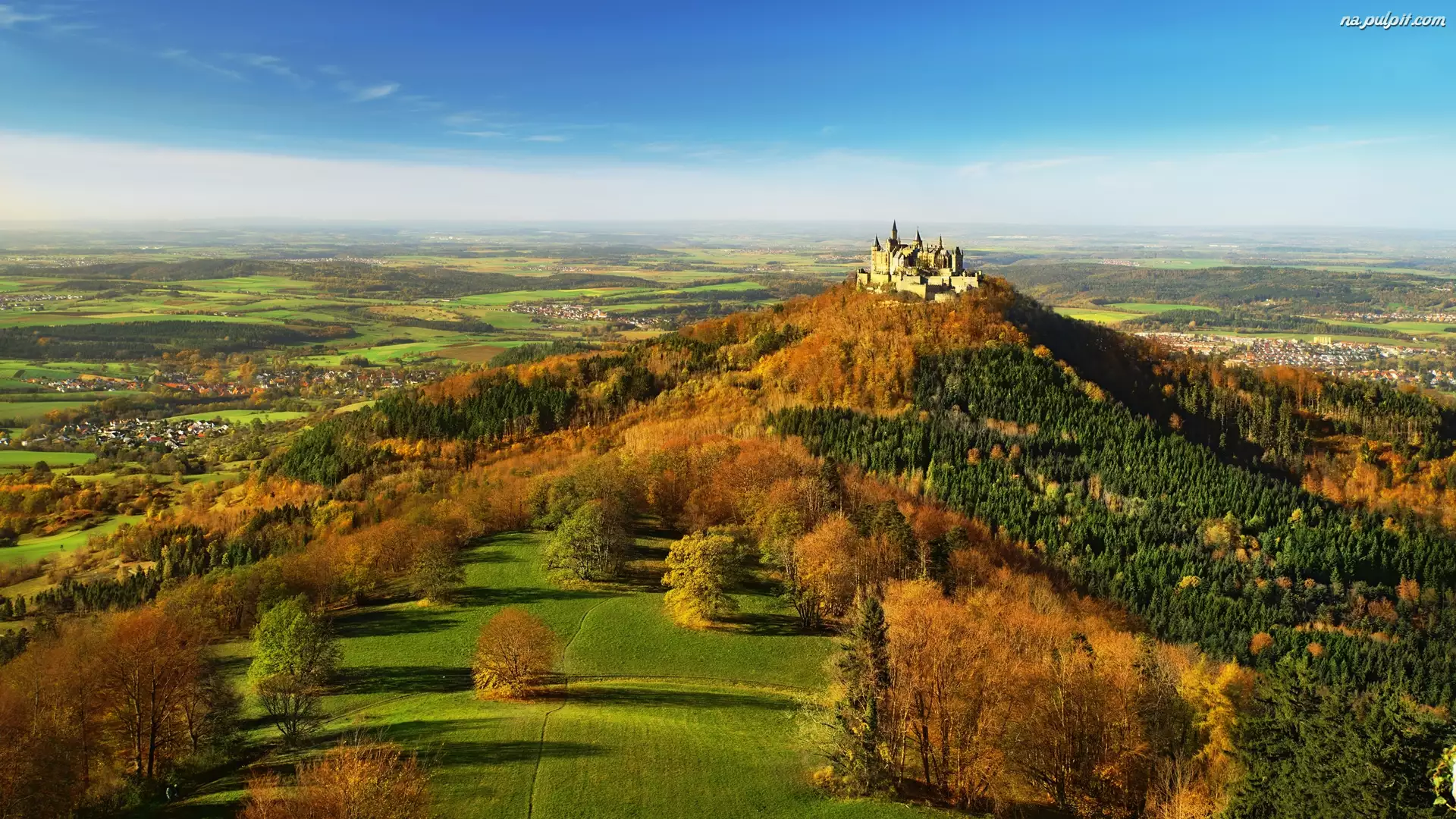 Zamek Hohenzollern, Drzewa, Niemcy, Góra Hohenzollern, Badenia-Wirtembergia, Wzgórze, Jesień