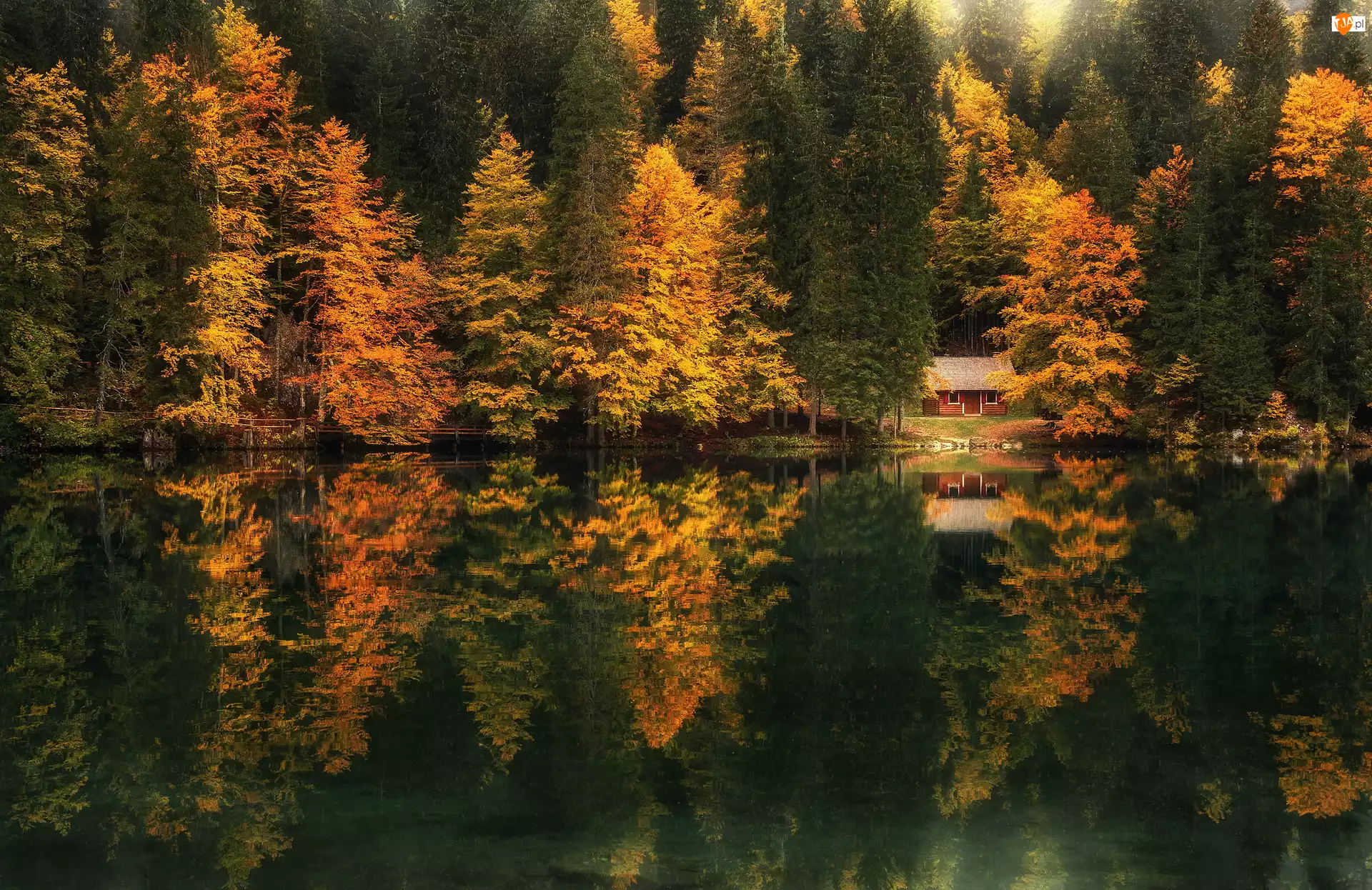 Domek, Jezioro Fusine Lake, Lasy, Prowincja Udine, Jesień, Odbicie, Włochy, Drzewa