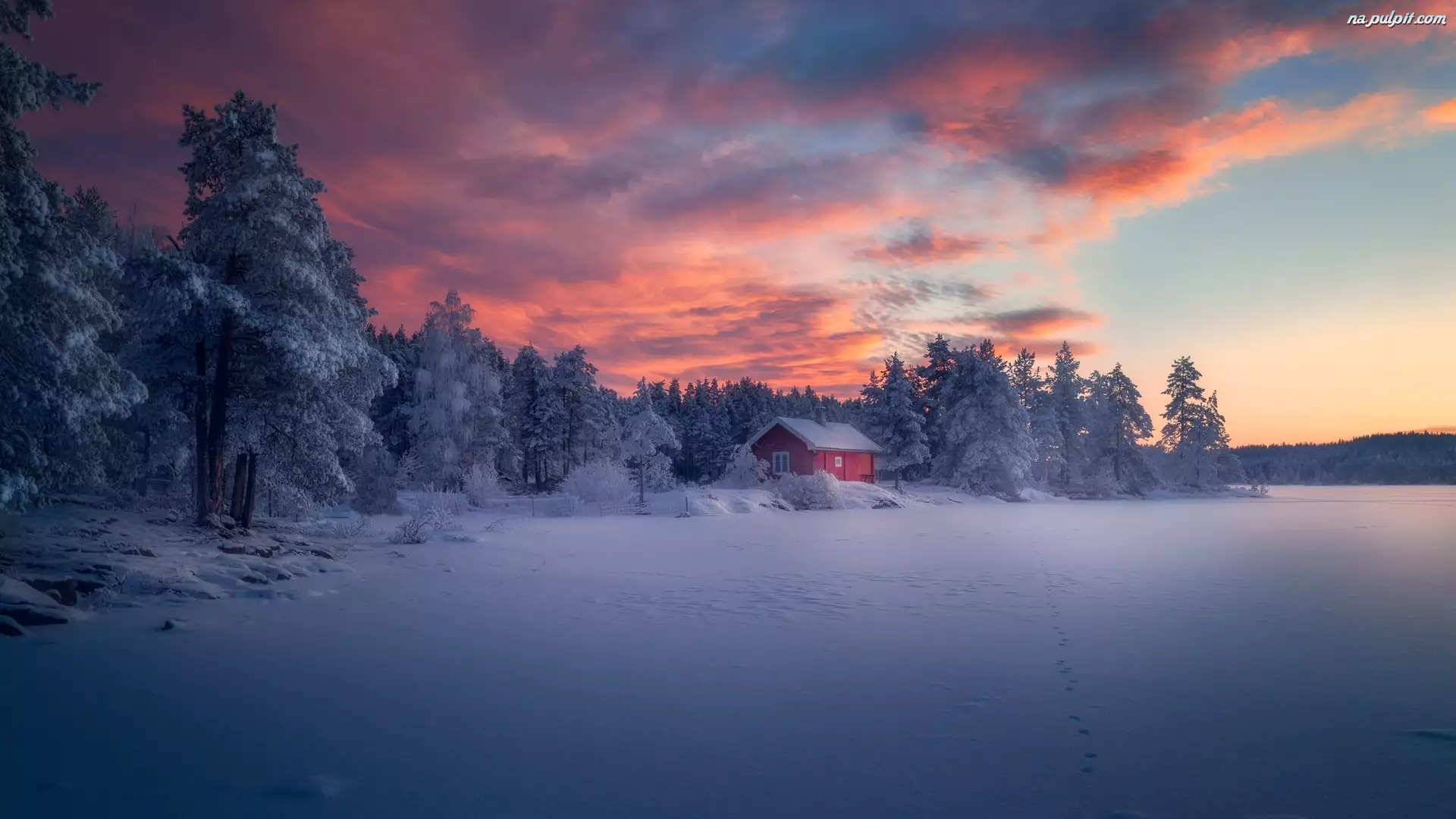 Dom, Norwegia, Drzewa, Zachód słońca, Ringerike, Las, Chmury, Zima