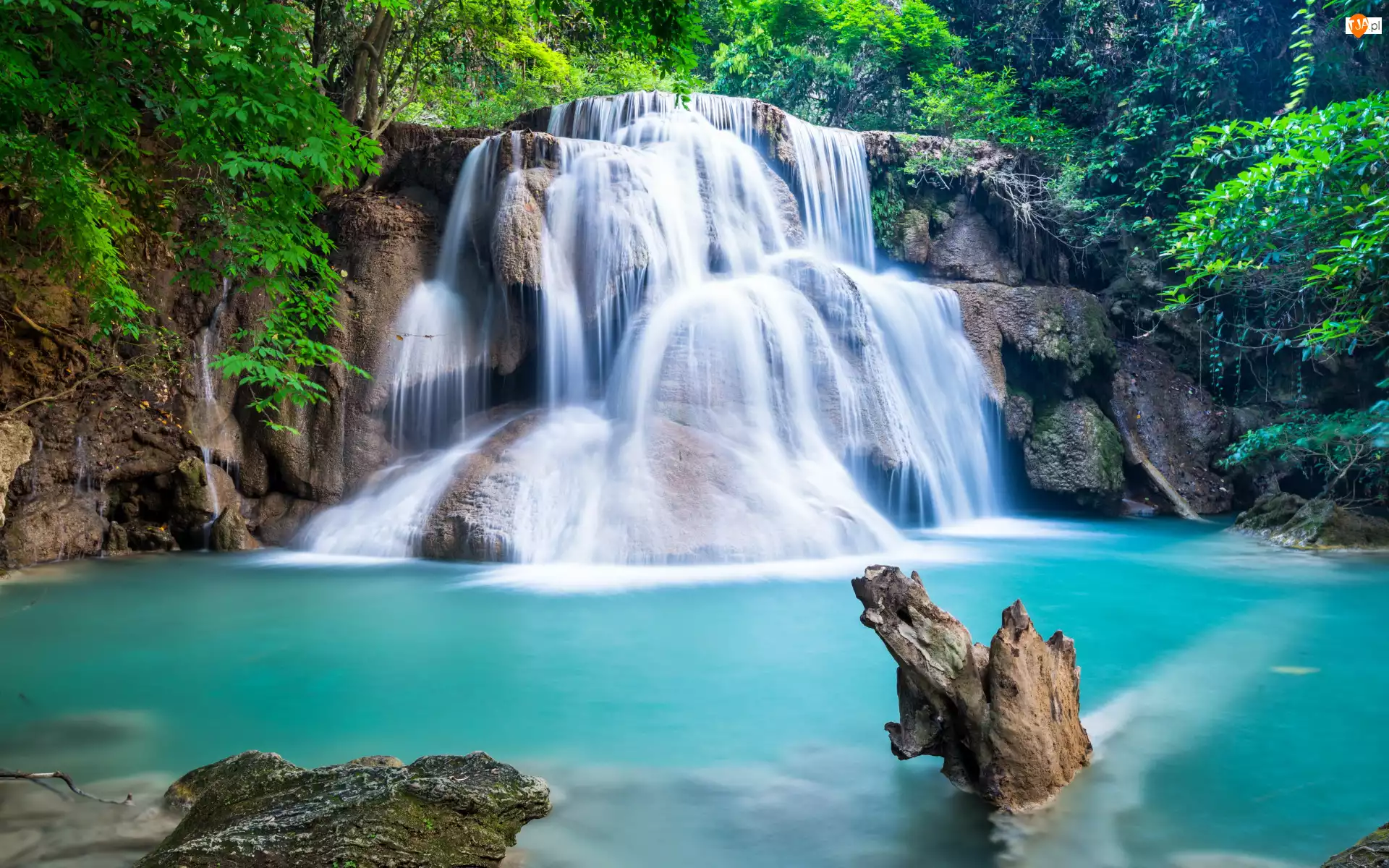 Kamienie, Mech, Krzewy, Las, Huay Mae Khamin Waterfall, Rośliny, Rzeka, Wodospad, Drzewa, Skały, Tajlandia