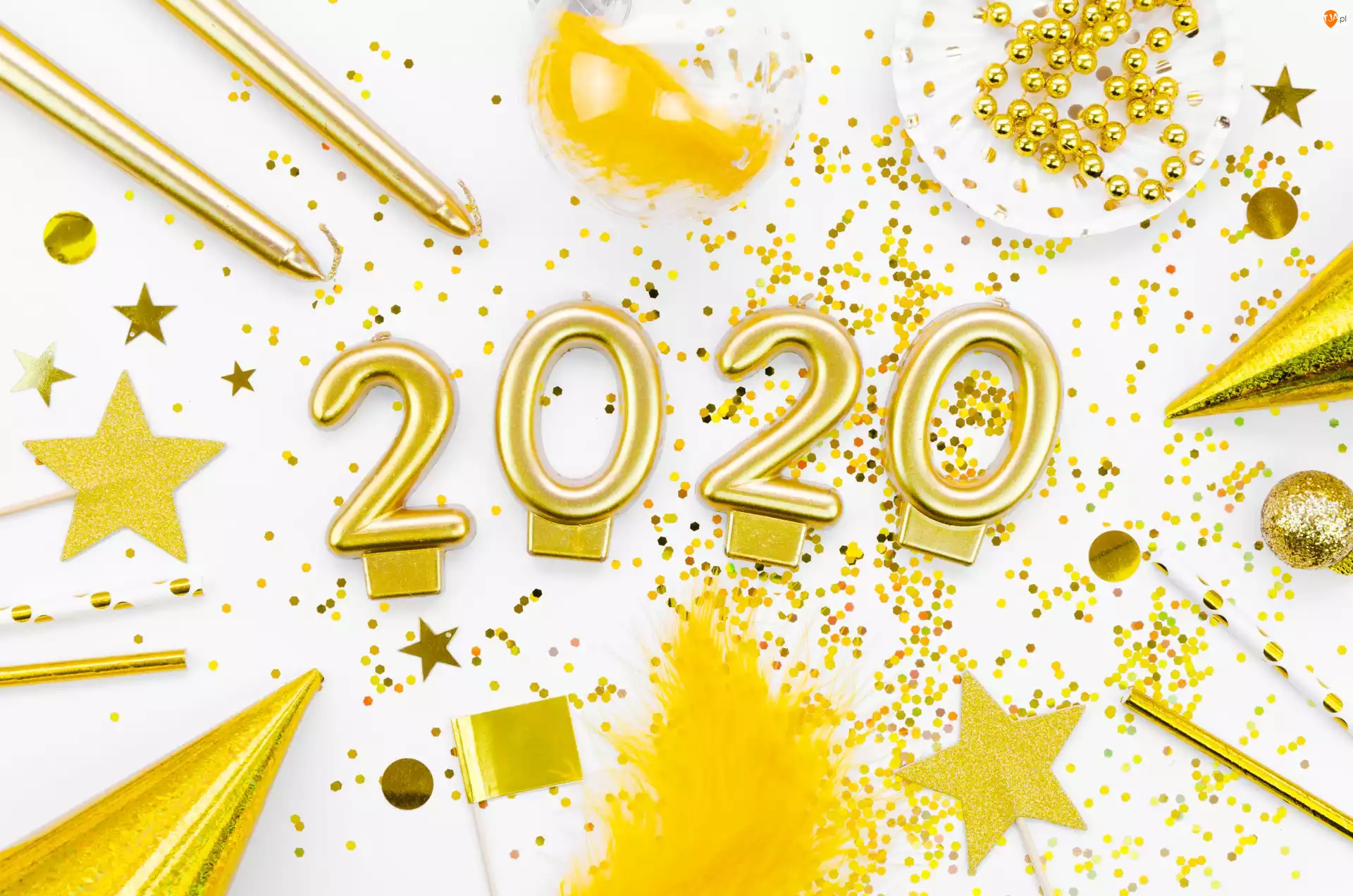 Cyfry, 2020, Ozdoby, Nowy Rok, Gwiazdki, Koraliki, Świeczki