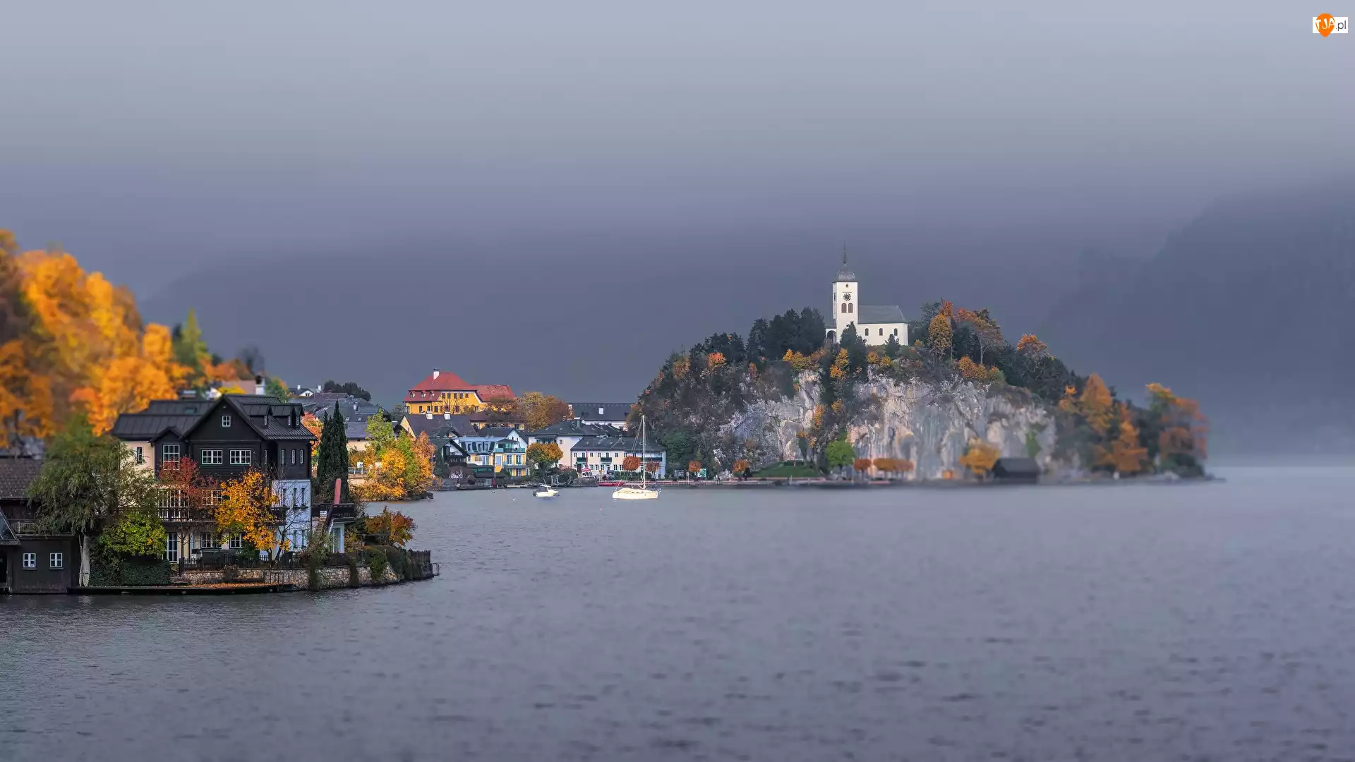 Skała, Jezioro Traunsee, Jesień, Austria, Kościół w Traunkirchen, Domy