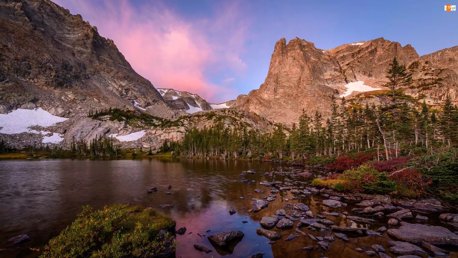 Park Narodowy Gór Skalistych, Góry, Kamienie, Kolorado, Jezioro, Drzewa, Stany Zjednoczone, Dream Lake