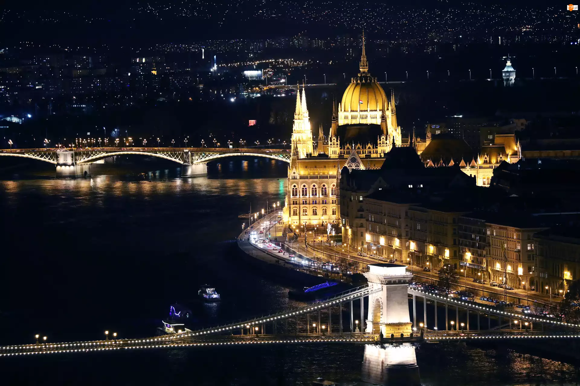 Rzeka Dunaj, Most, Miasto nocą, Noc, Węgry, Budapeszt, Parlament