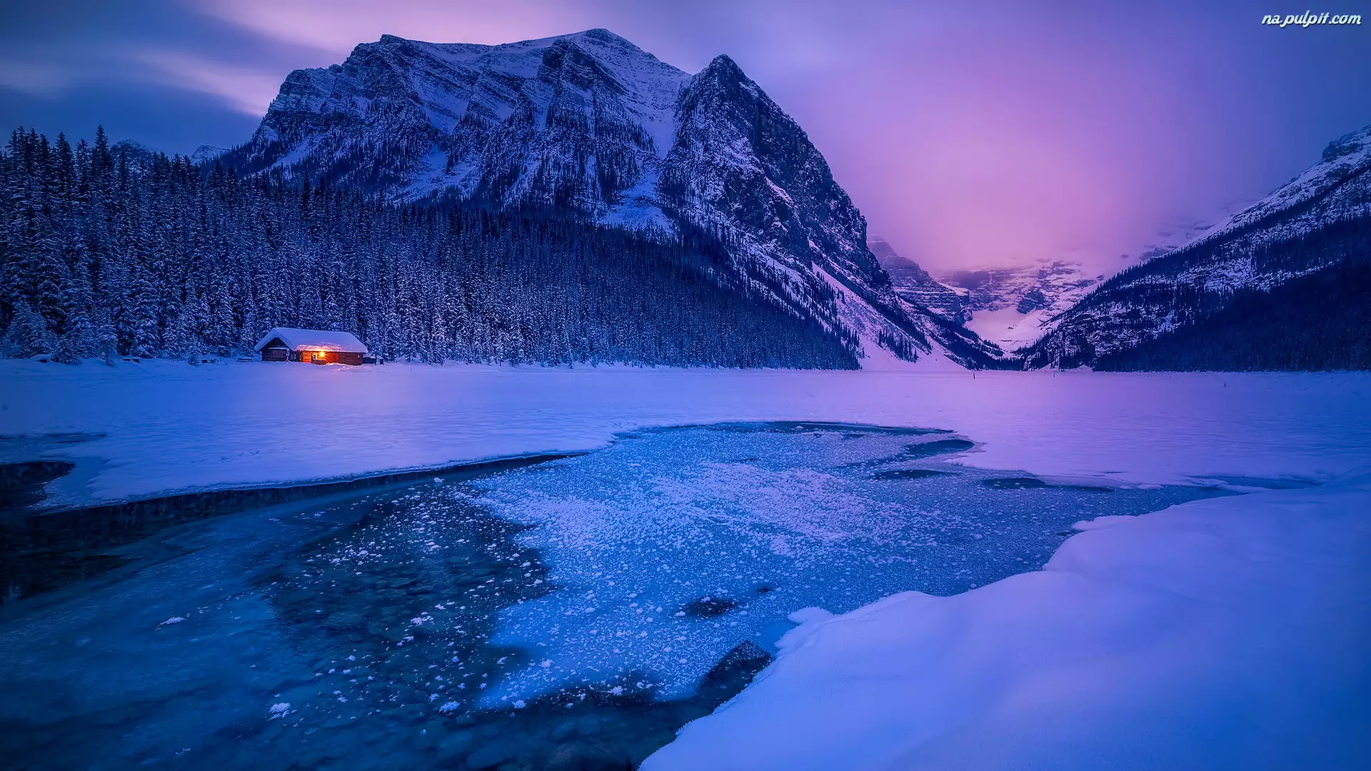 Góry, Park Narodowy Banff, Domek, Alberta, Zima, Lasy, Kanada, Jezioro Lake Louise
