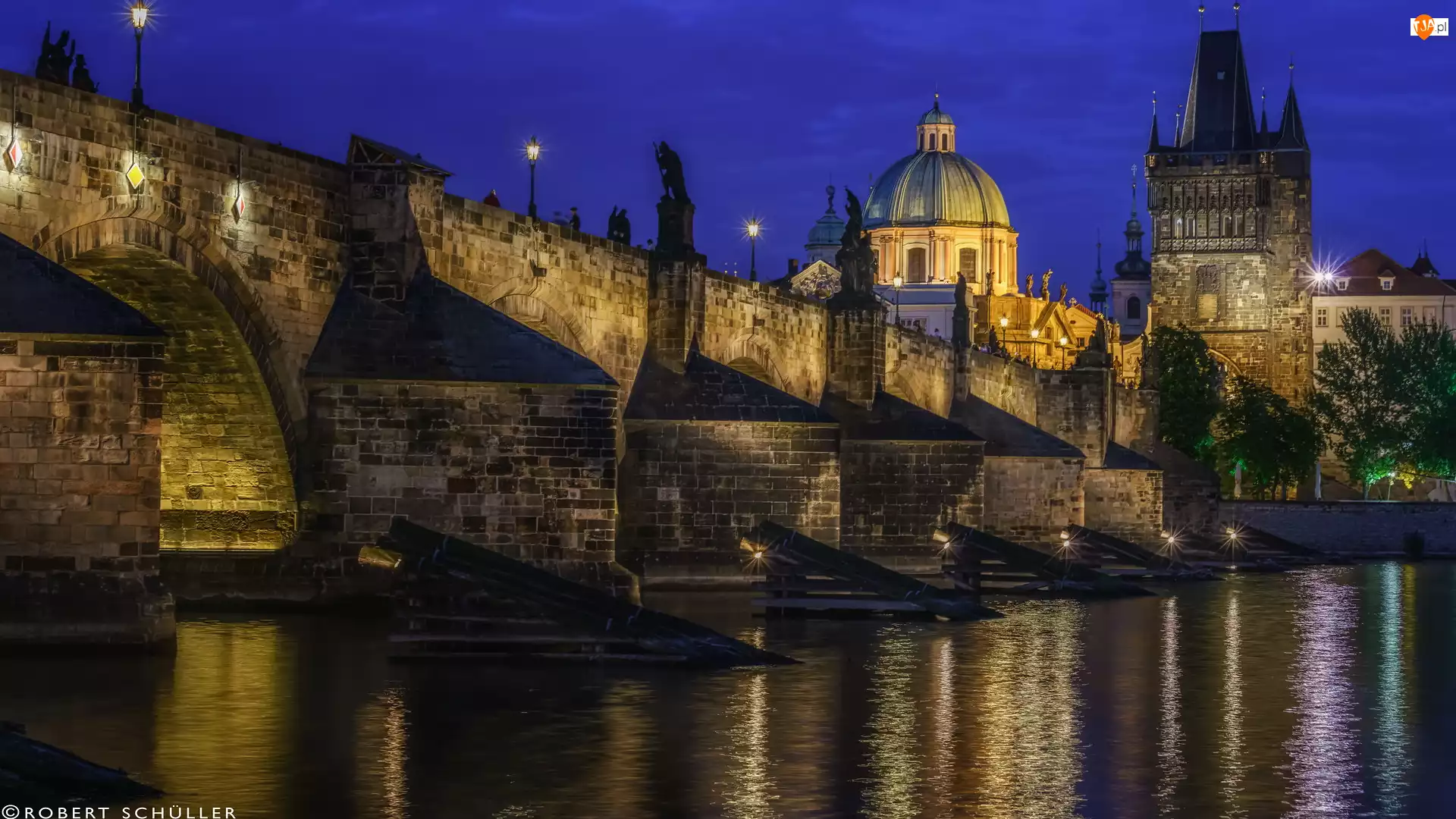 Oświetlony, Rzeka Wełtawa, Wieczór, Czechy, Most Karola, Praga