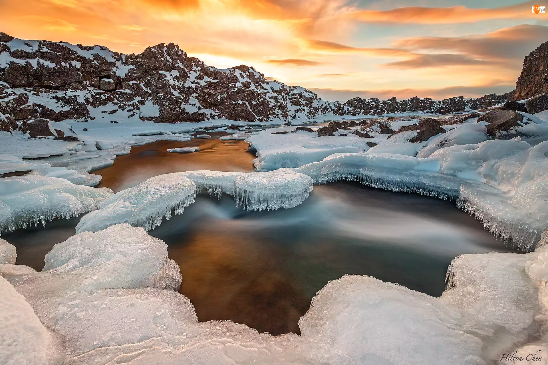 Zima, Śnieg, Islandia, Wschód słońca, Rzeka Oxara, Park Narodowy Pingvellir, Góry