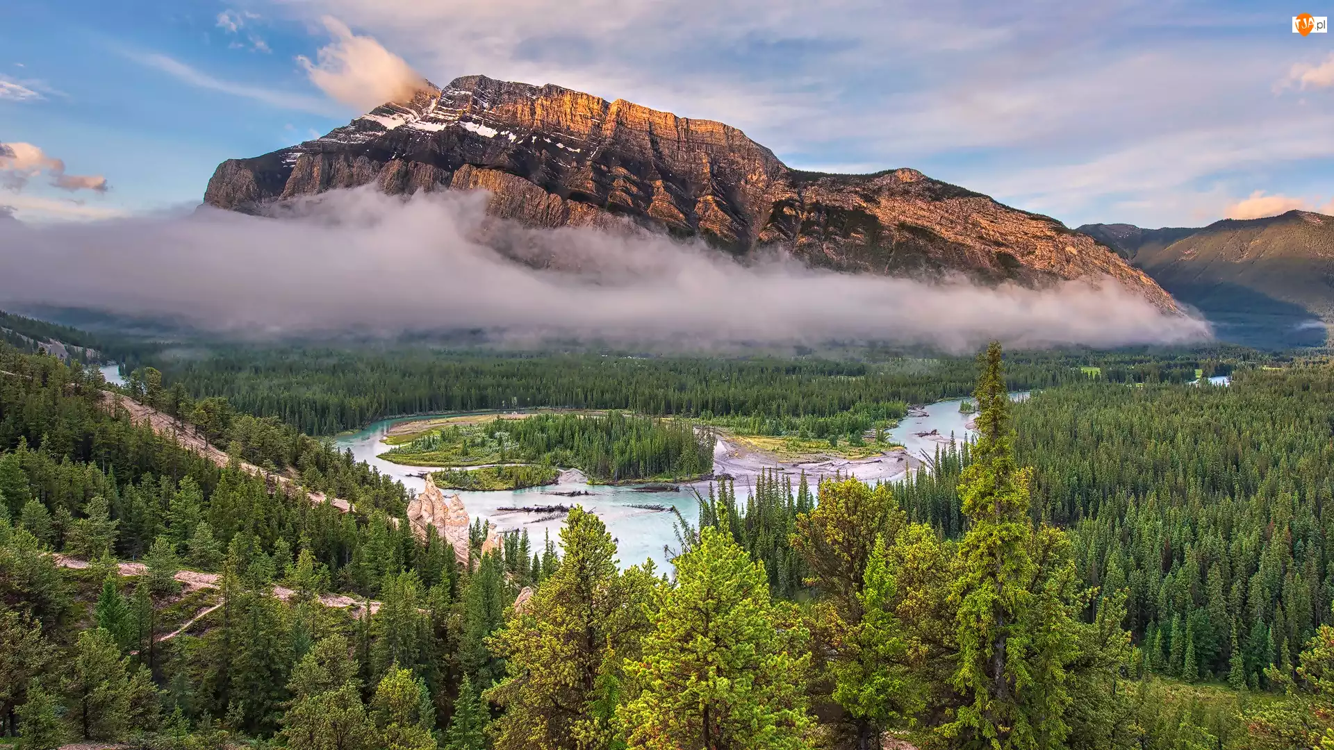 Kanada, Góry, Park Narodowy Banff, Lasy, Rzeka, Alberta, Chmury, Bow River
