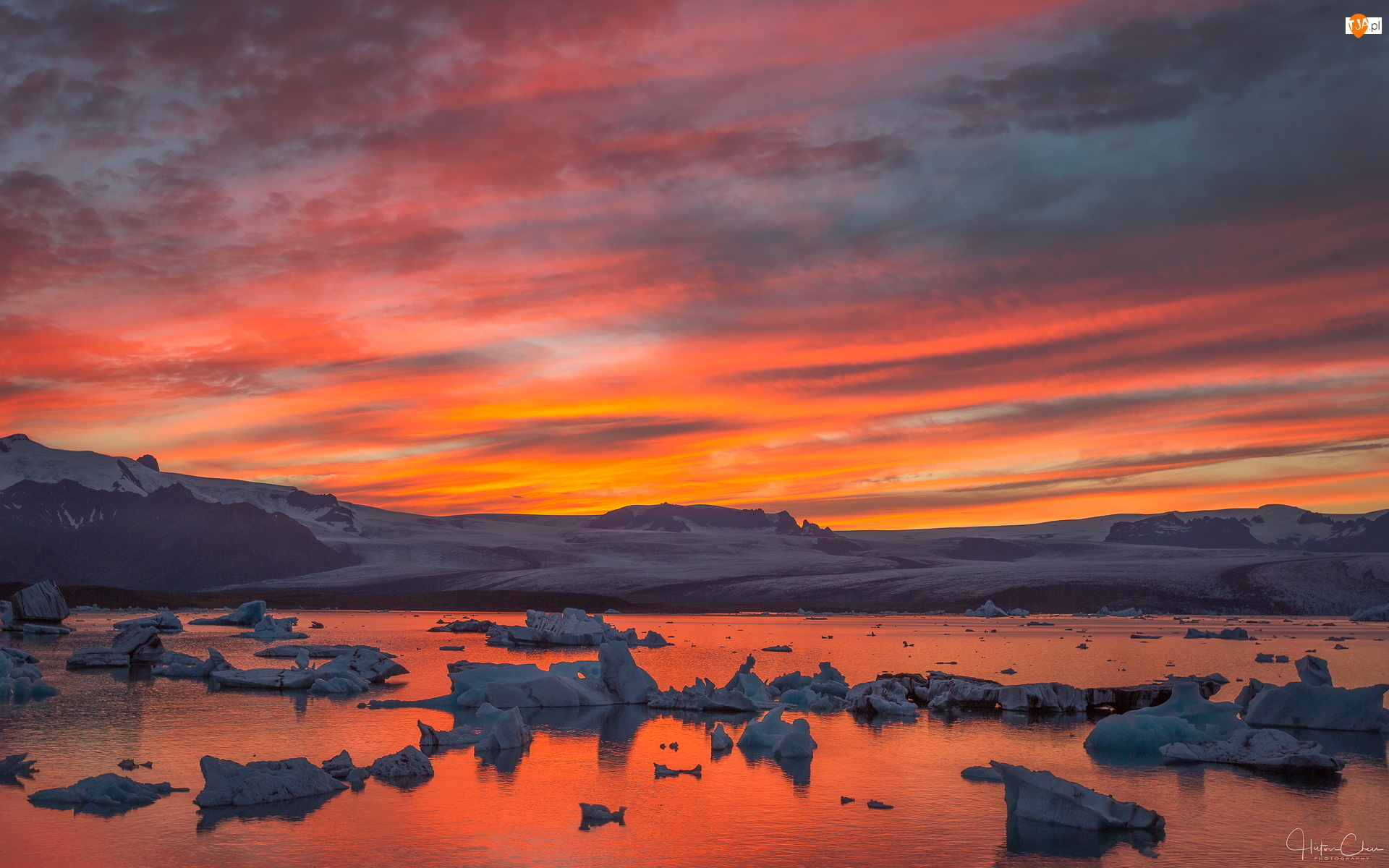 Jokulsarlon, Jezioro, Zima, Islandia, Laguna lodowcowa, Zachód słońca