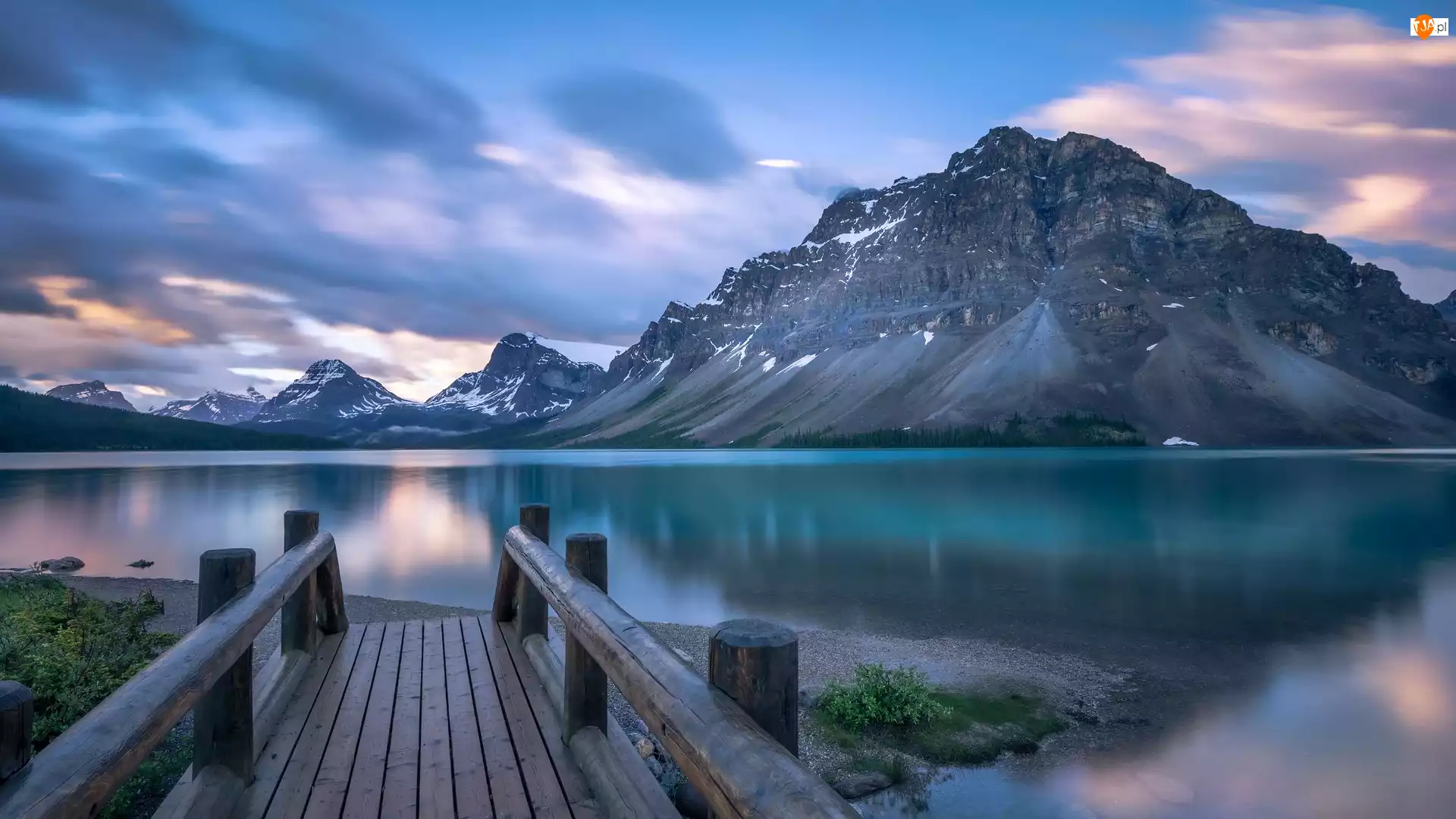 Park Narodowy Banff, Pomost, Góry, Prowincja Alberta, Jezioro, Canadian Rockies, Kanada, Bow Lake