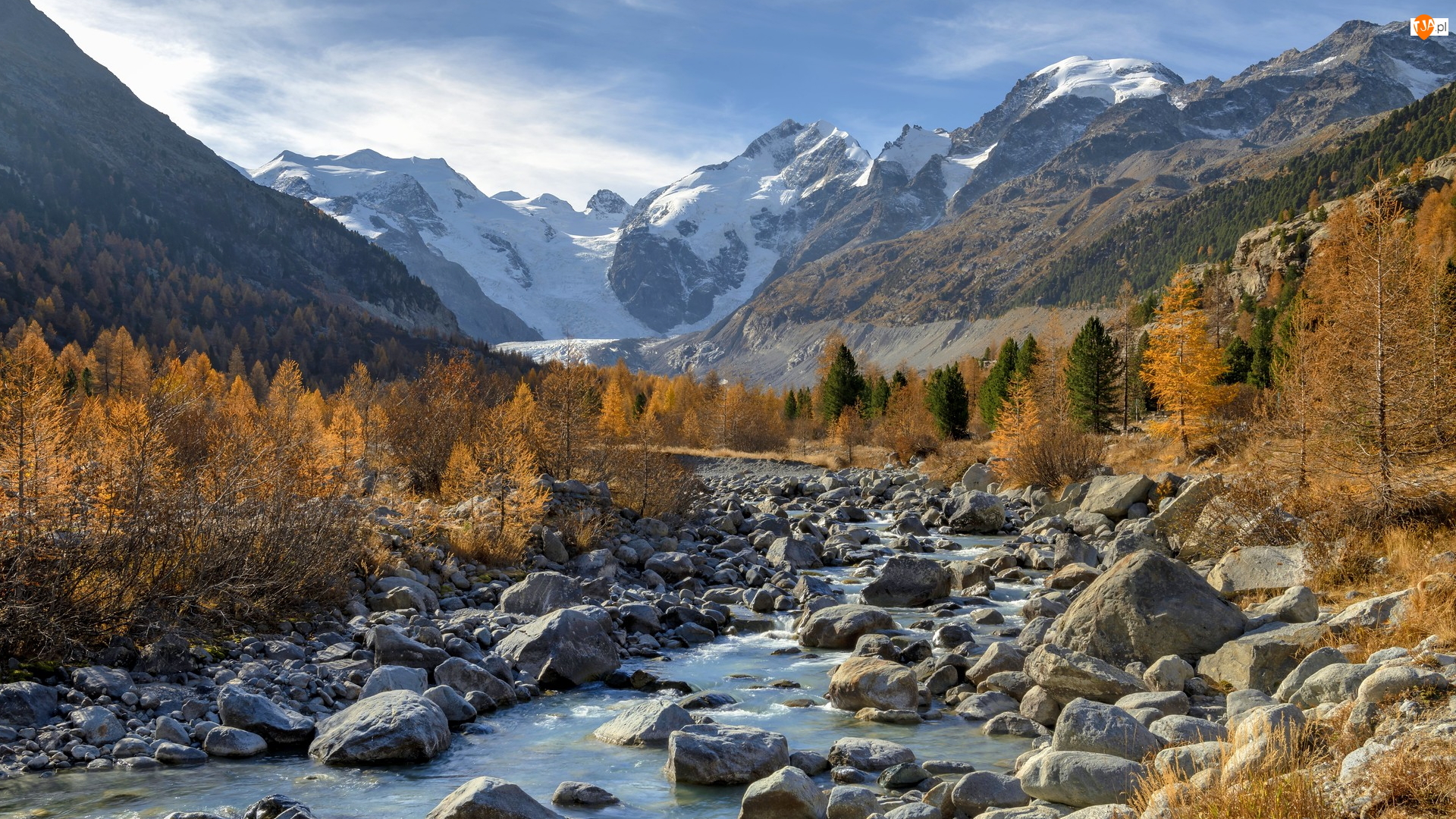 Dolina Morteratsch, Góry, Drzewa, Kanton Gryzonia, Rzeka, Jesień, Szwajcaria, Kamienie