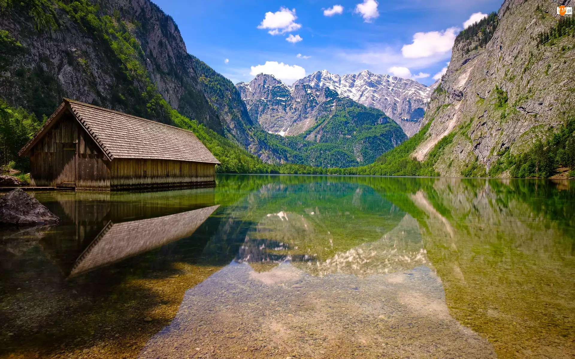 Park Narodowy Berchtesgaden, Jezioro Obersee, Szopa, Bawaria, Drewniany, Góry Alpy, Niemcy, Domek