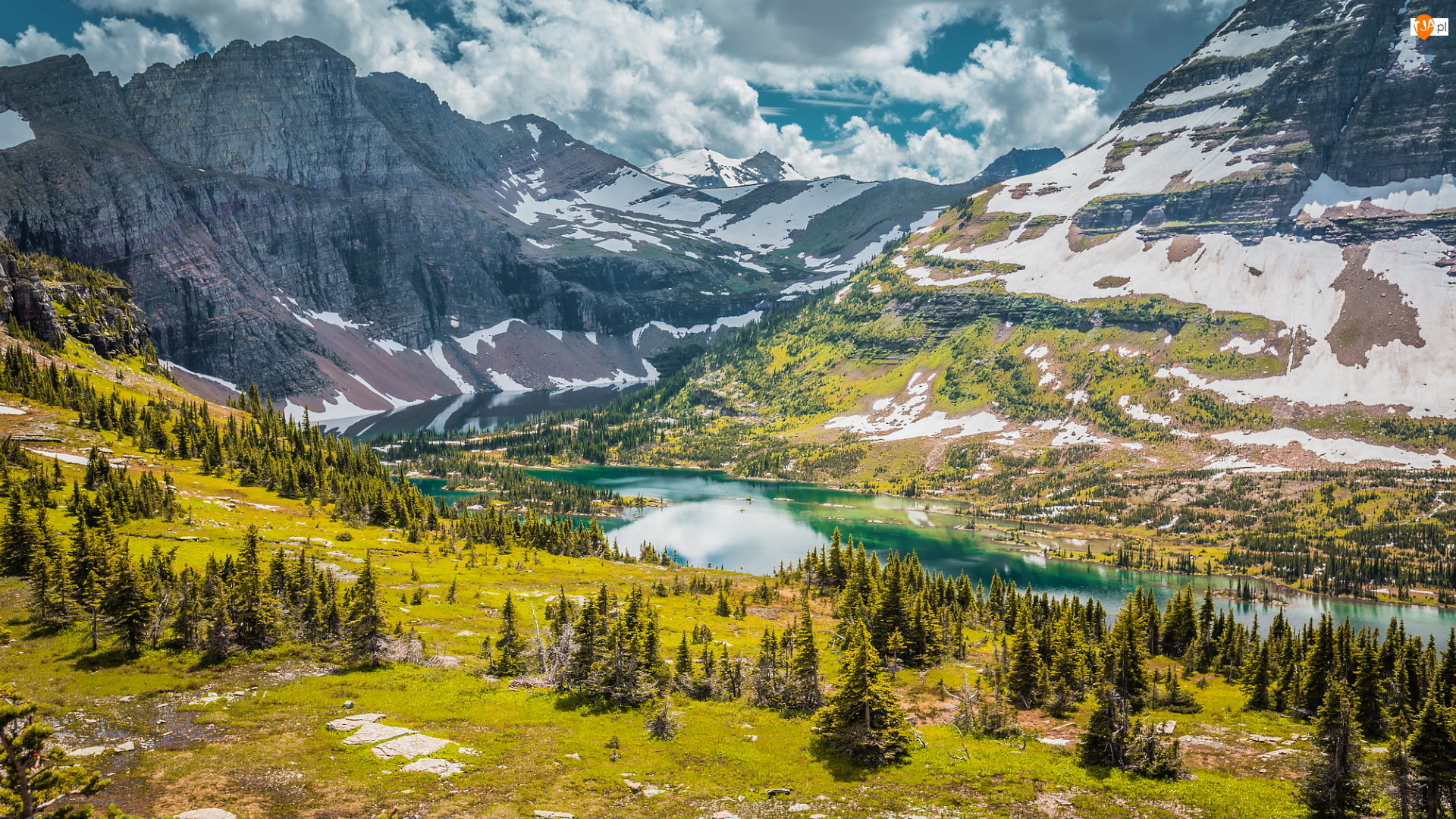 Jezioro, Lake McDonald, Stany Zjednoczone, Góry Skaliste, Stan Montana, Park Narodowy Glacier, Drzewa