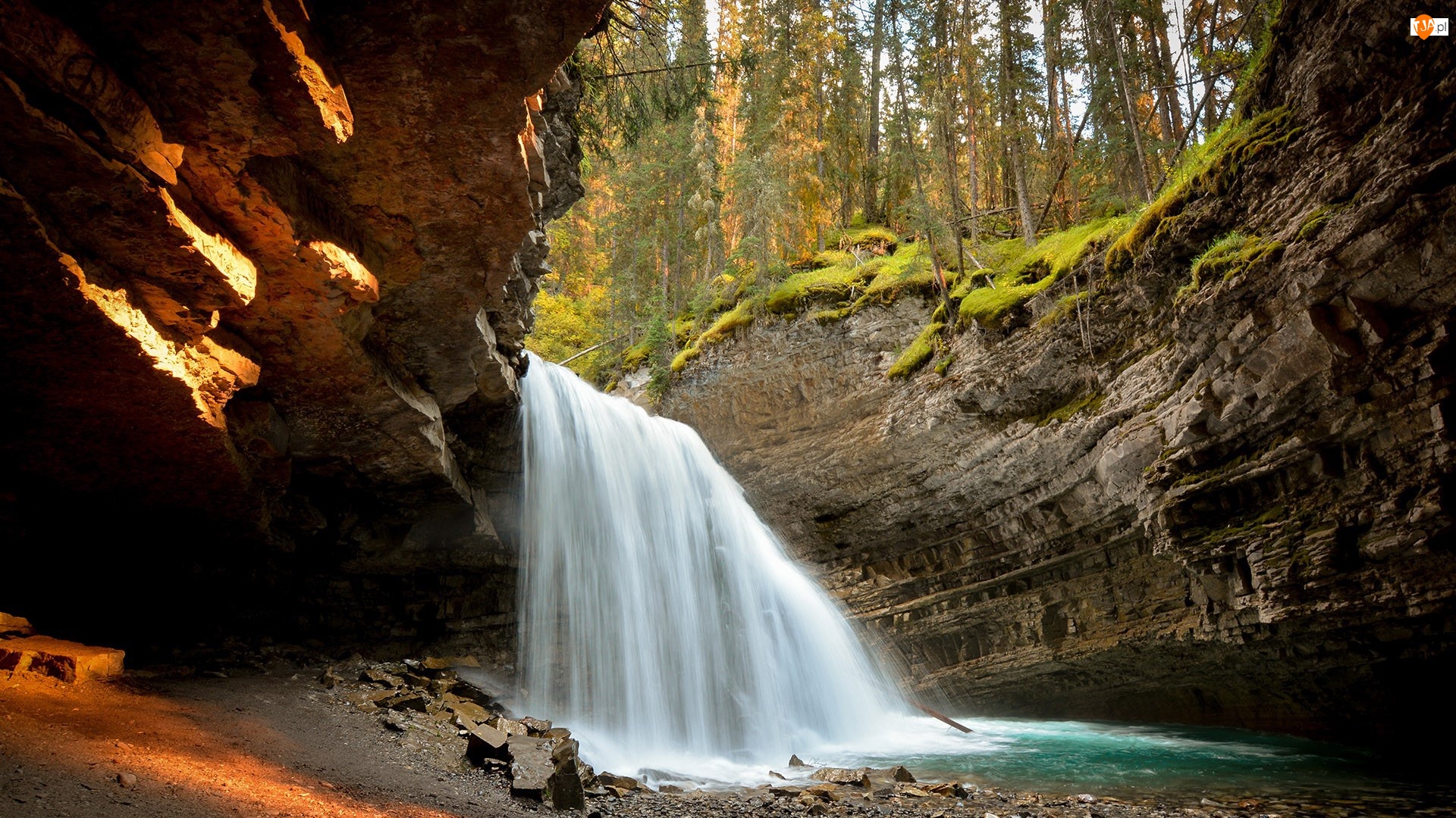 Las, Alberta, Skała, Wodospad, Upper and Lower Falls, Park Narodowy Banff, Rzeka, Kanada, Johnston Creek