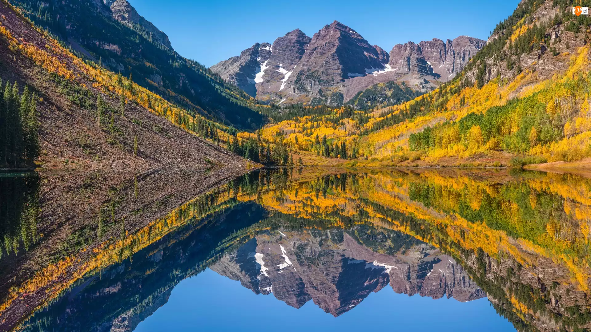 Szczyty Maroon Bells, Jezioro Maroon Lake, Stany Zjednoczone, Góry Skaliste, Stan Kolorado, Drzewa, Jesień