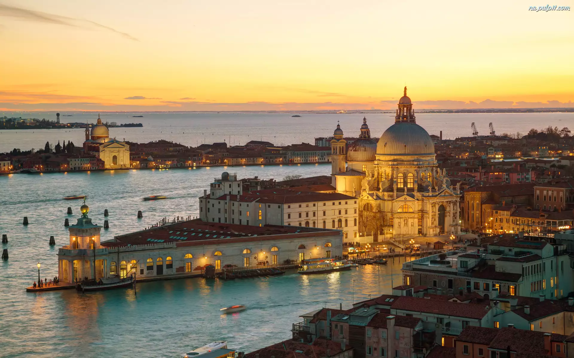Wenecja, Włochy, Canal Grande, Zachód słońca, Kanał, Bazylika Santa Maria della Salute
